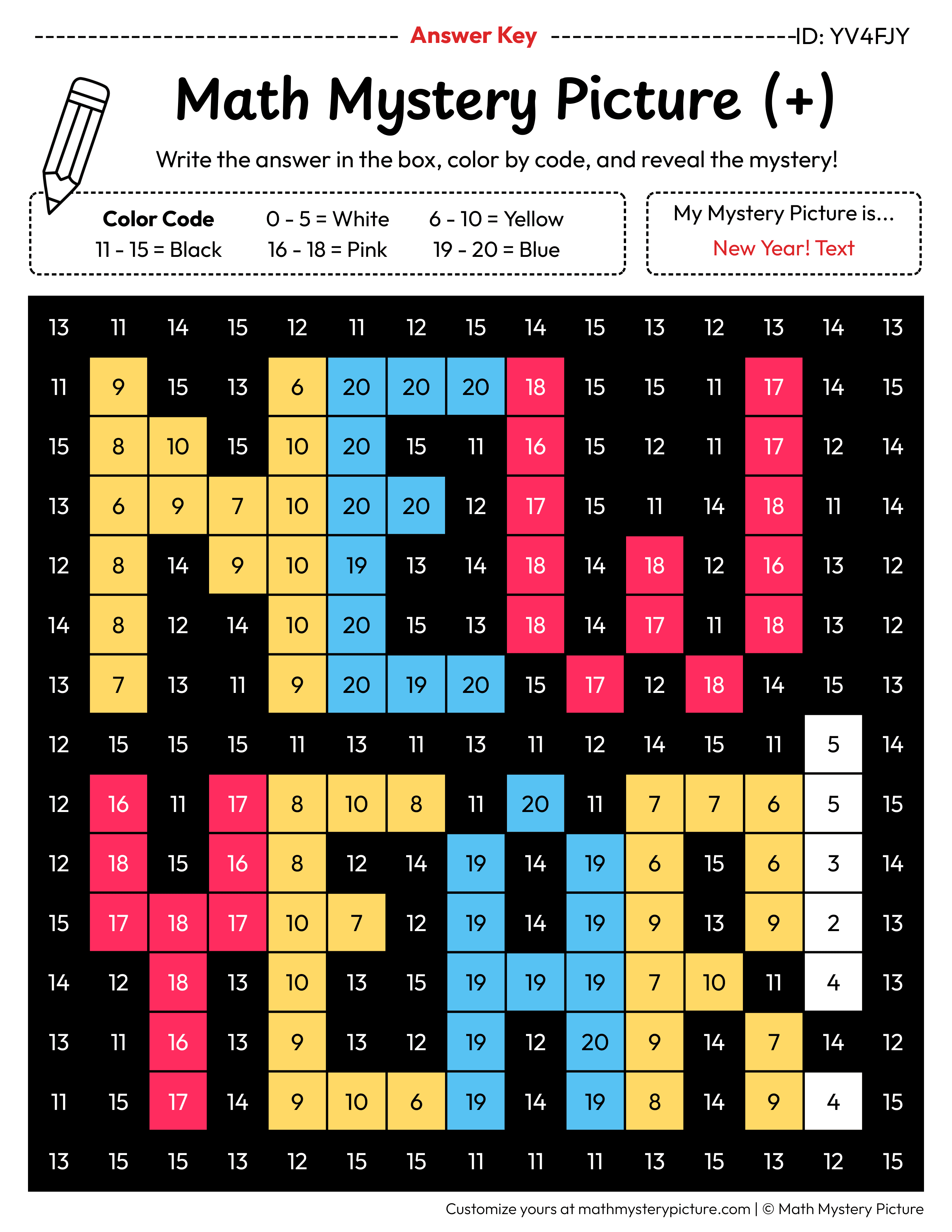 New Year Addition Within 20 Math Mystery Picture Color by Number Answer Key