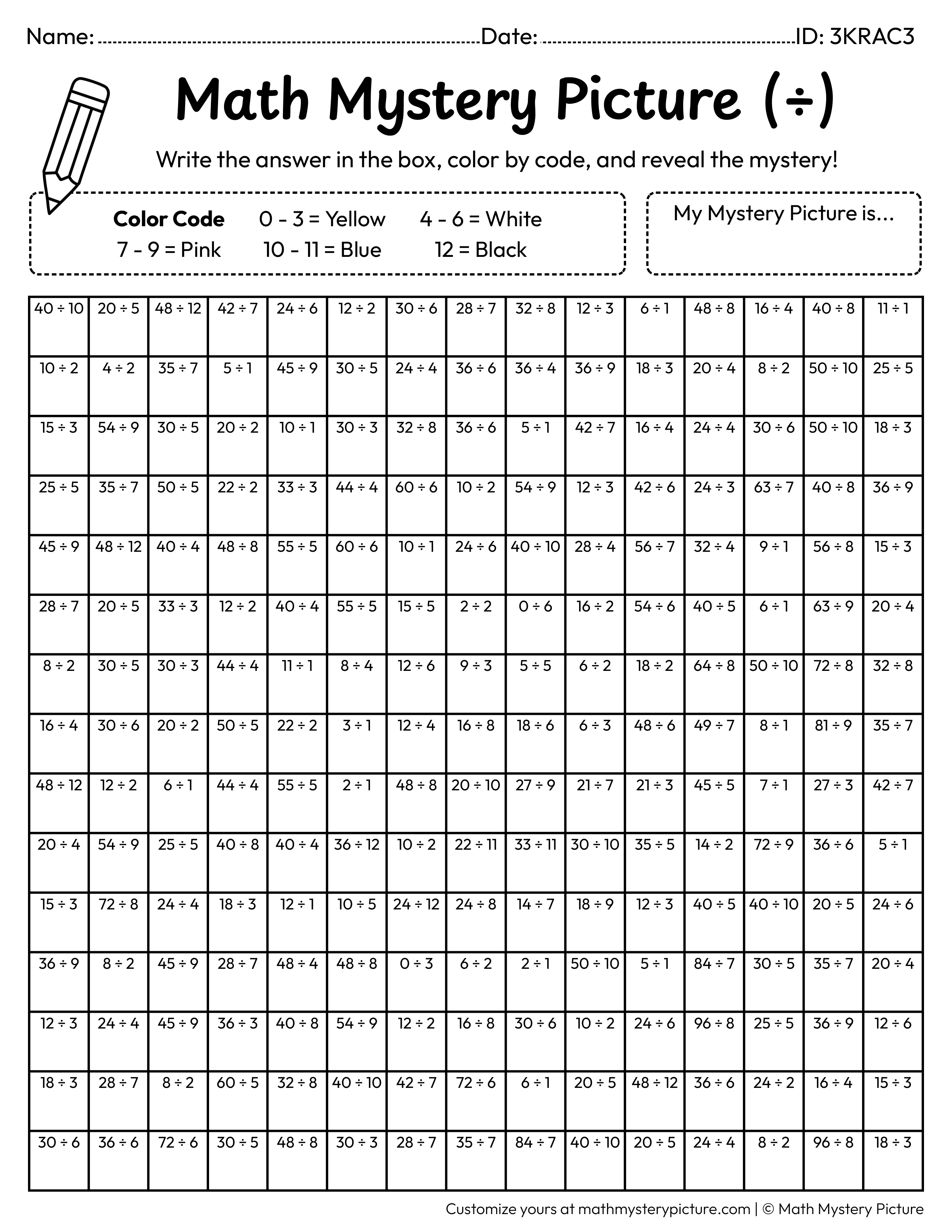 New Year Balloons Division Facts Math Mystery Picture Coloring Worksheet