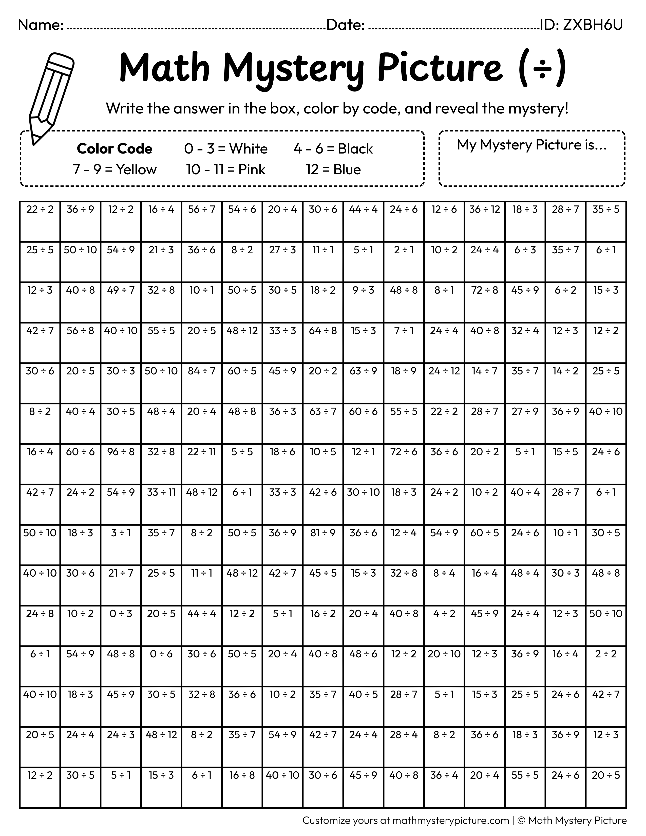 New Year Fireworks Division Facts Math Mystery Picture Coloring Worksheet