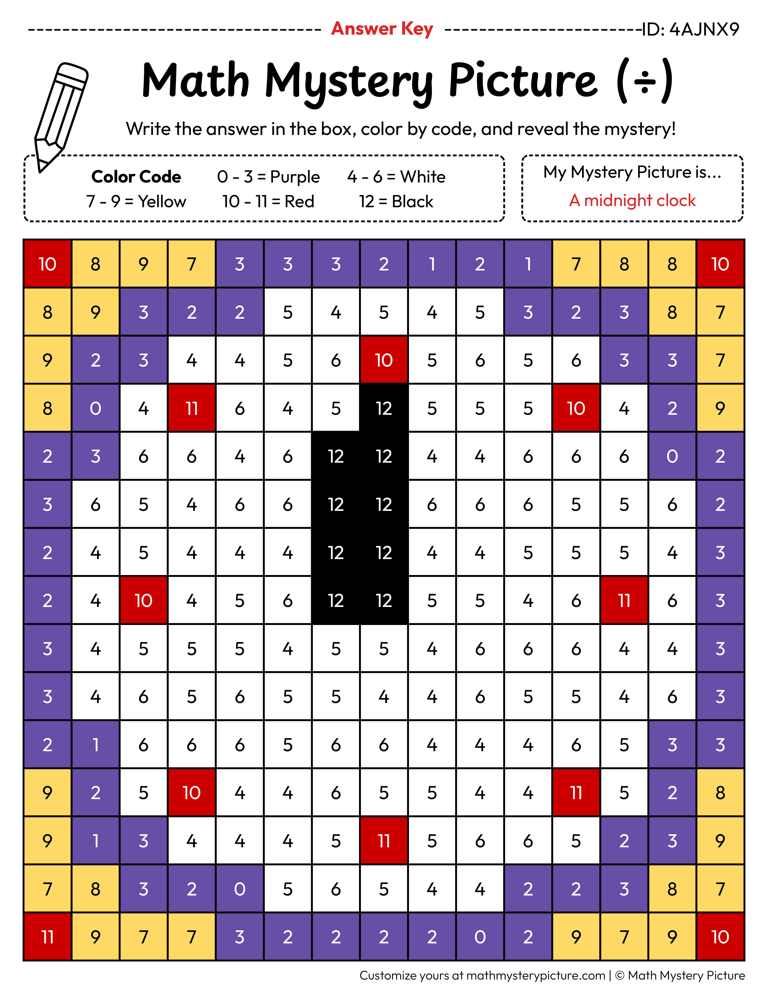 New Year Midnight Clock Division Facts Math Mystery Picture Color by Number Answer Key