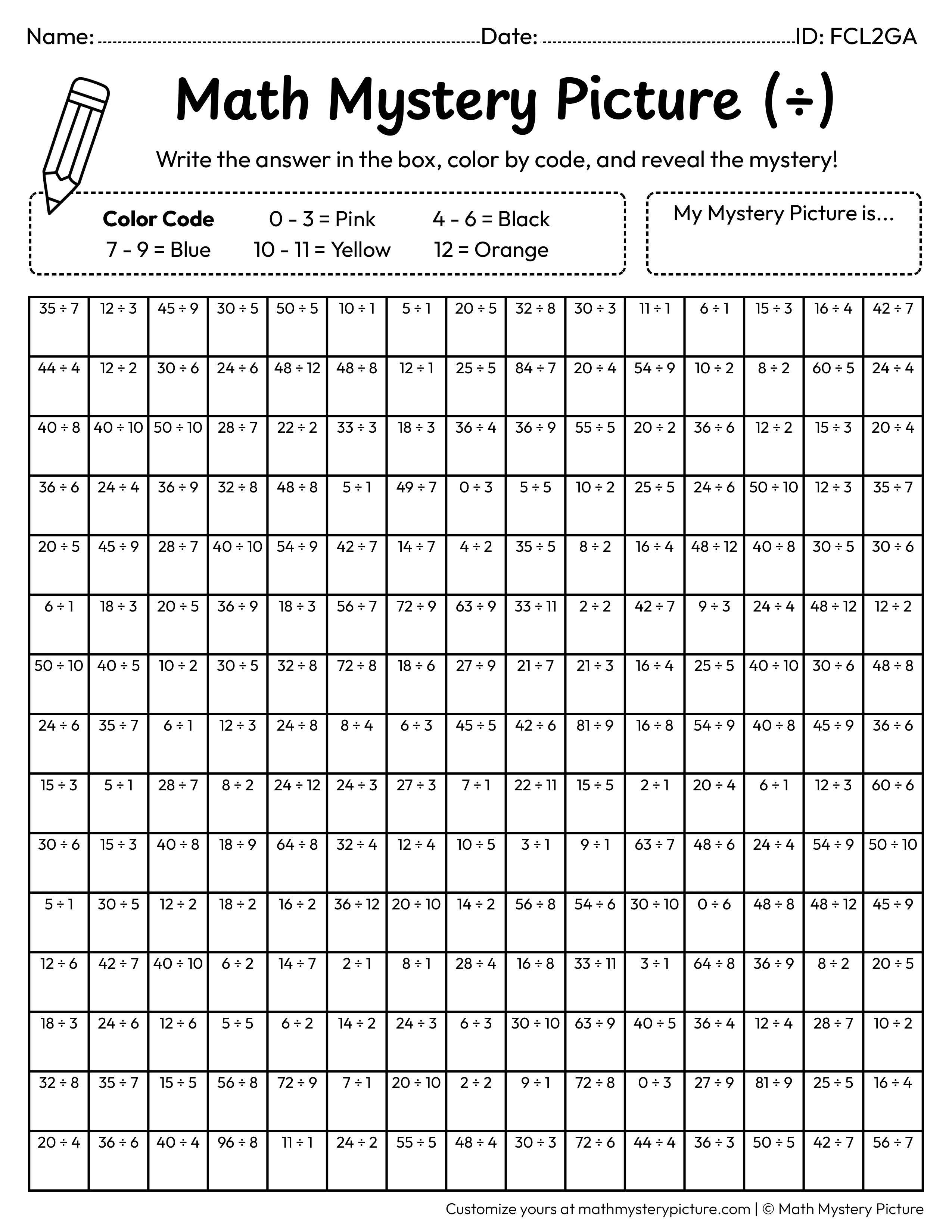 New Year Party Hat Division Facts Math Mystery Picture Coloring Worksheet