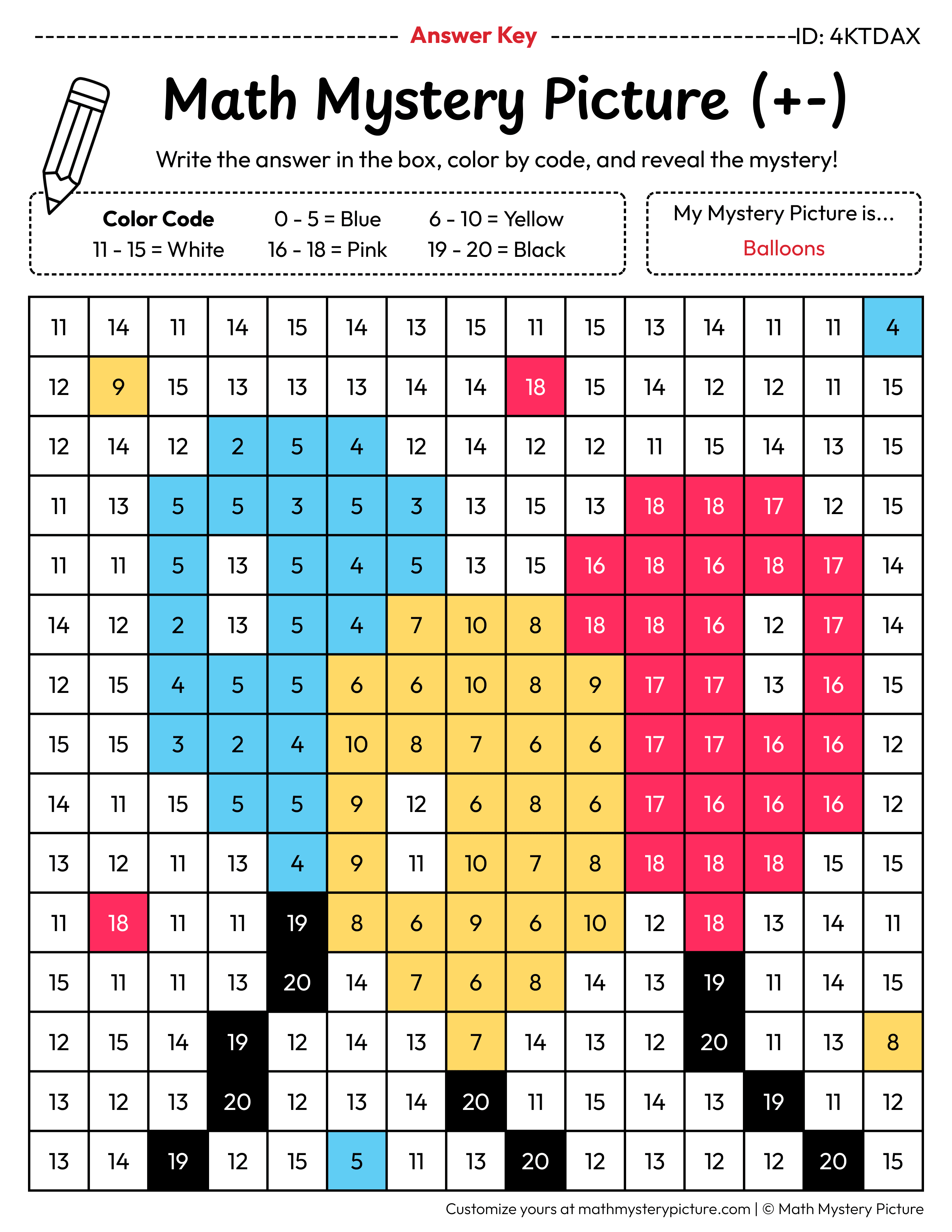 New Year Balloons Mixed Addition and Subtraction Within 20 Math Mystery Picture Color by Number Answer Key