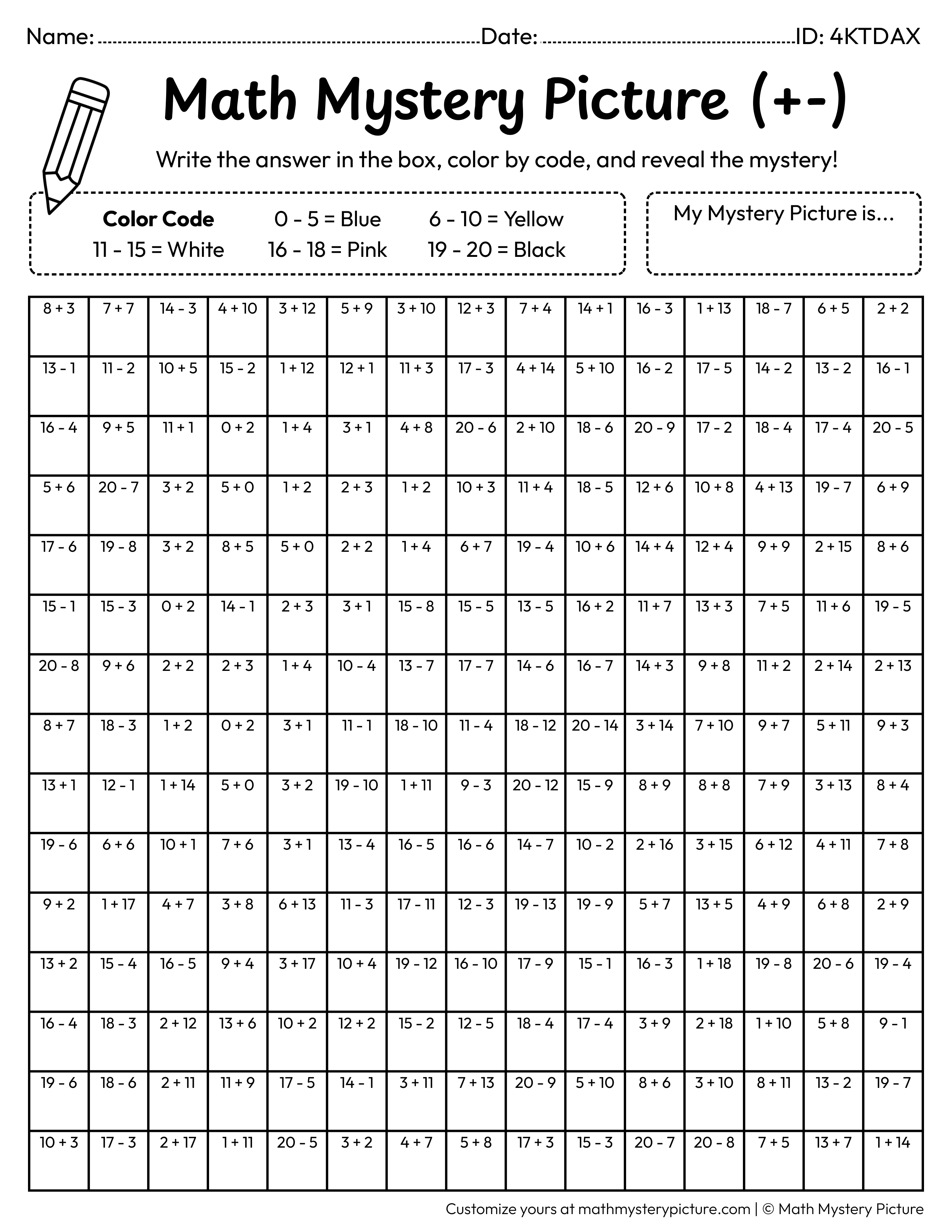 New Year Balloons Mixed Addition and Subtraction Within 20 Math Mystery Picture Coloring Worksheet