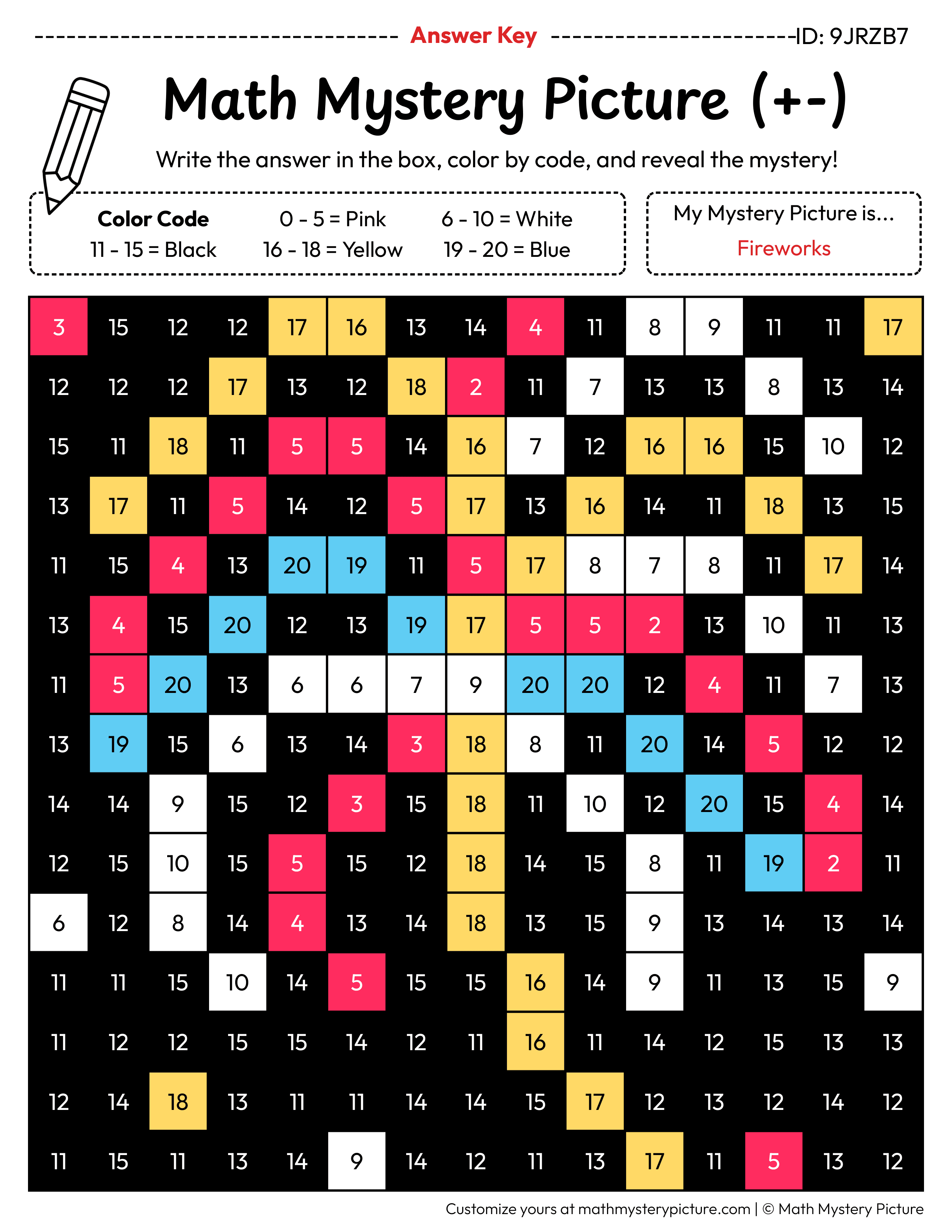 New Year Fireworks Mixed Addition and Subtraction Within 20 Math Mystery Picture Color by Number Answer Key
