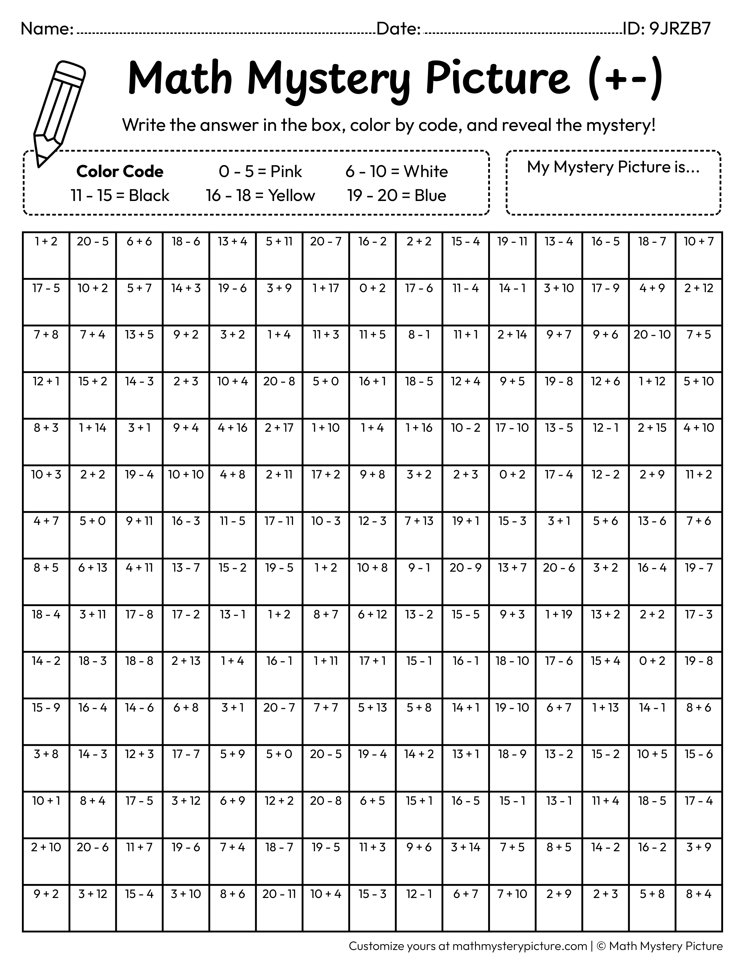 New Year Fireworks Mixed Addition and Subtraction Within 20 Math Mystery Picture Coloring Worksheet