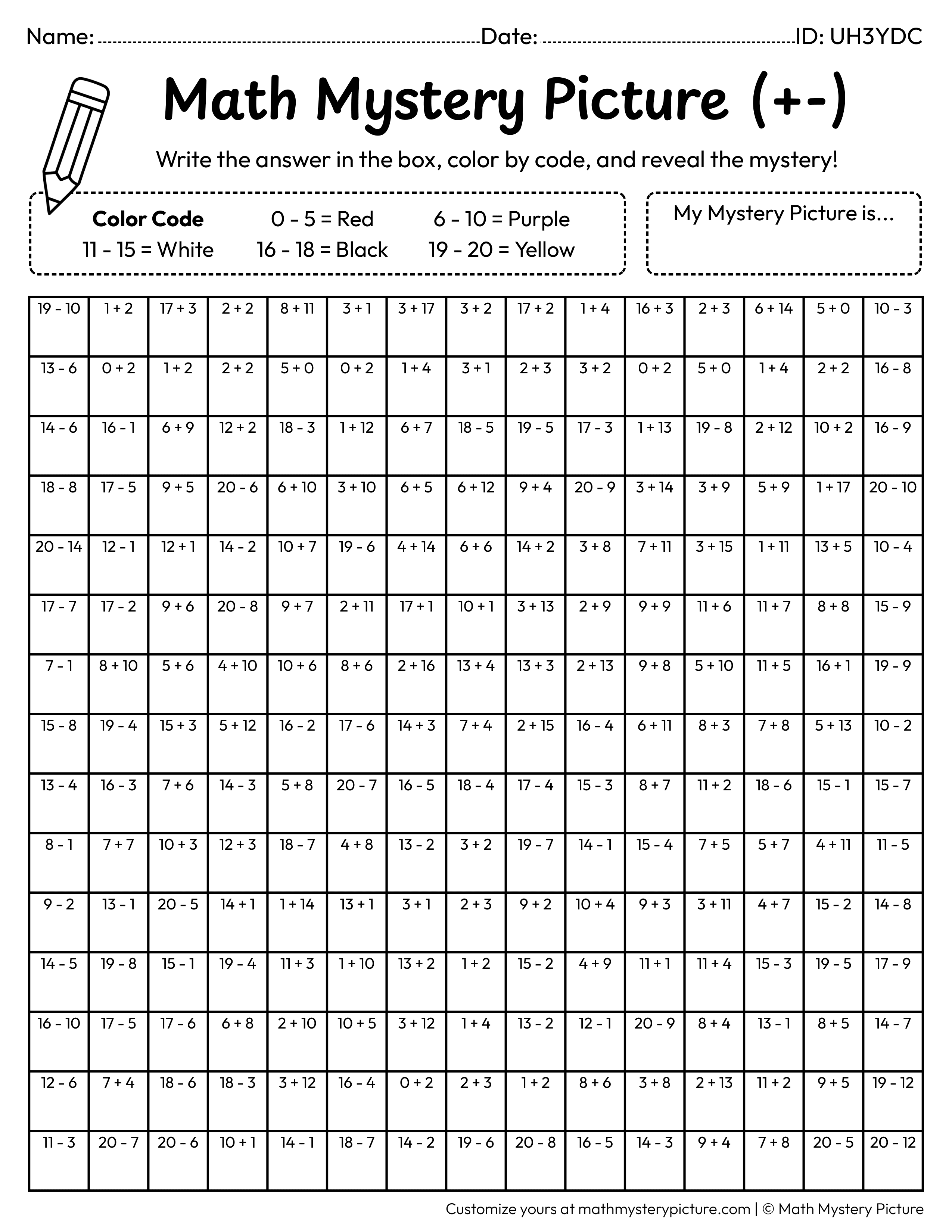 New Year Jan 1st Calendar Mixed Addition and Subtraction Within 20 Math Mystery Picture Coloring Worksheet