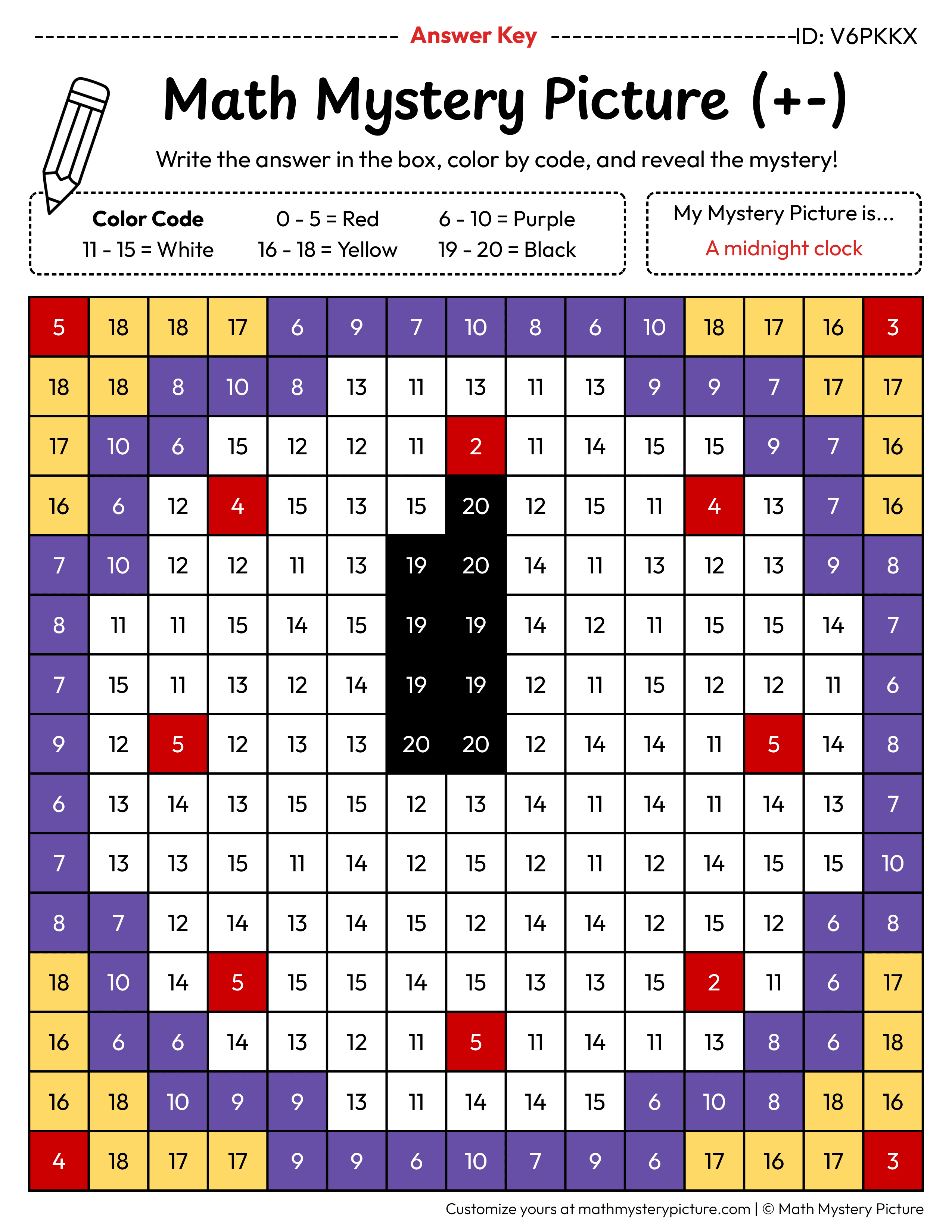 New Year Midnight Clock Mixed Addition and Subtraction Within 20 Math Mystery Picture Color by Number Answer Key