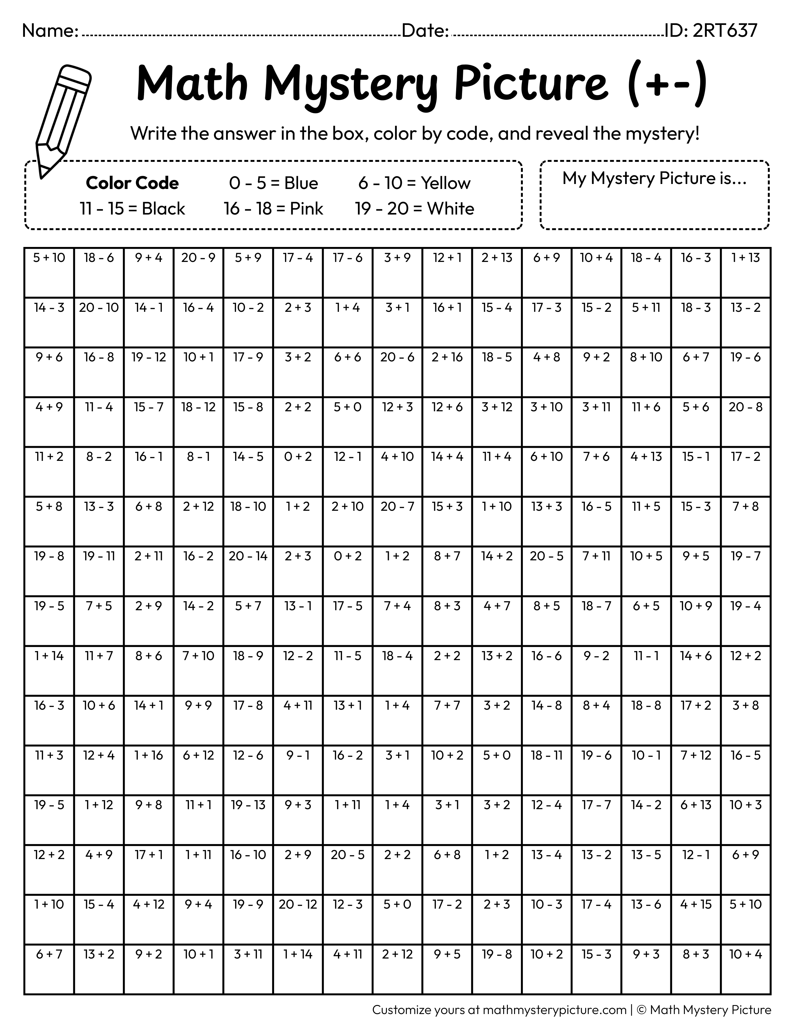 New Year Mixed Addition and Subtraction Within 20 Math Mystery Picture Coloring Worksheet