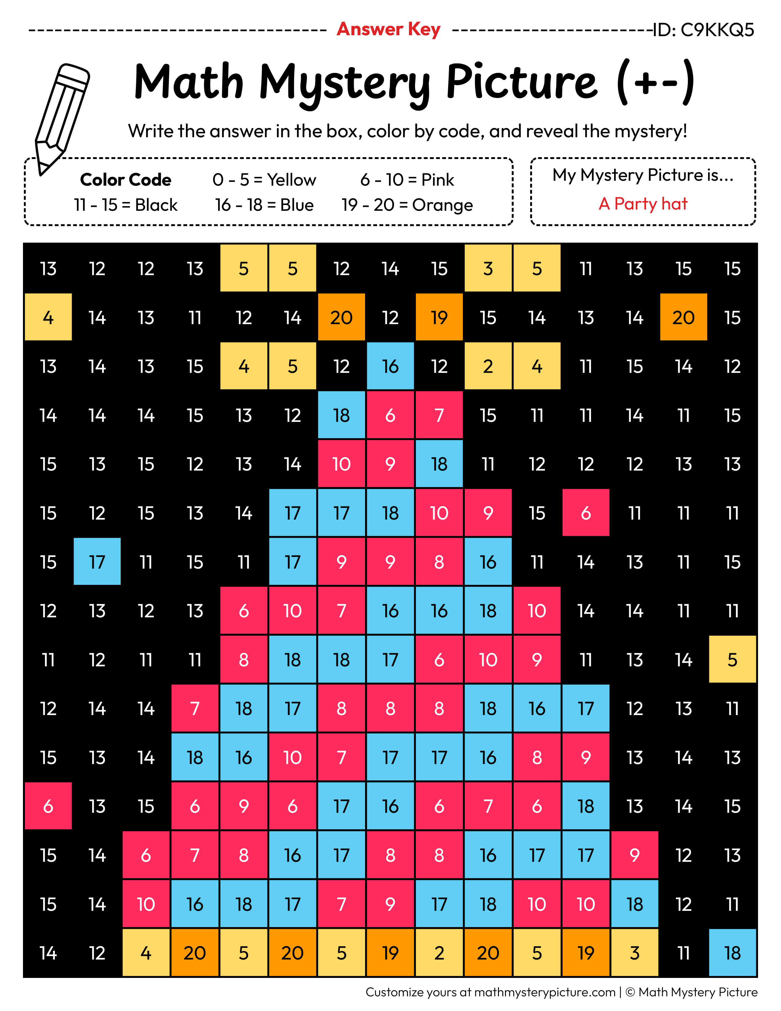 New Year Party Hat Mixed Addition and Subtraction Within 20 Math Mystery Picture Color by Number Answer Key
