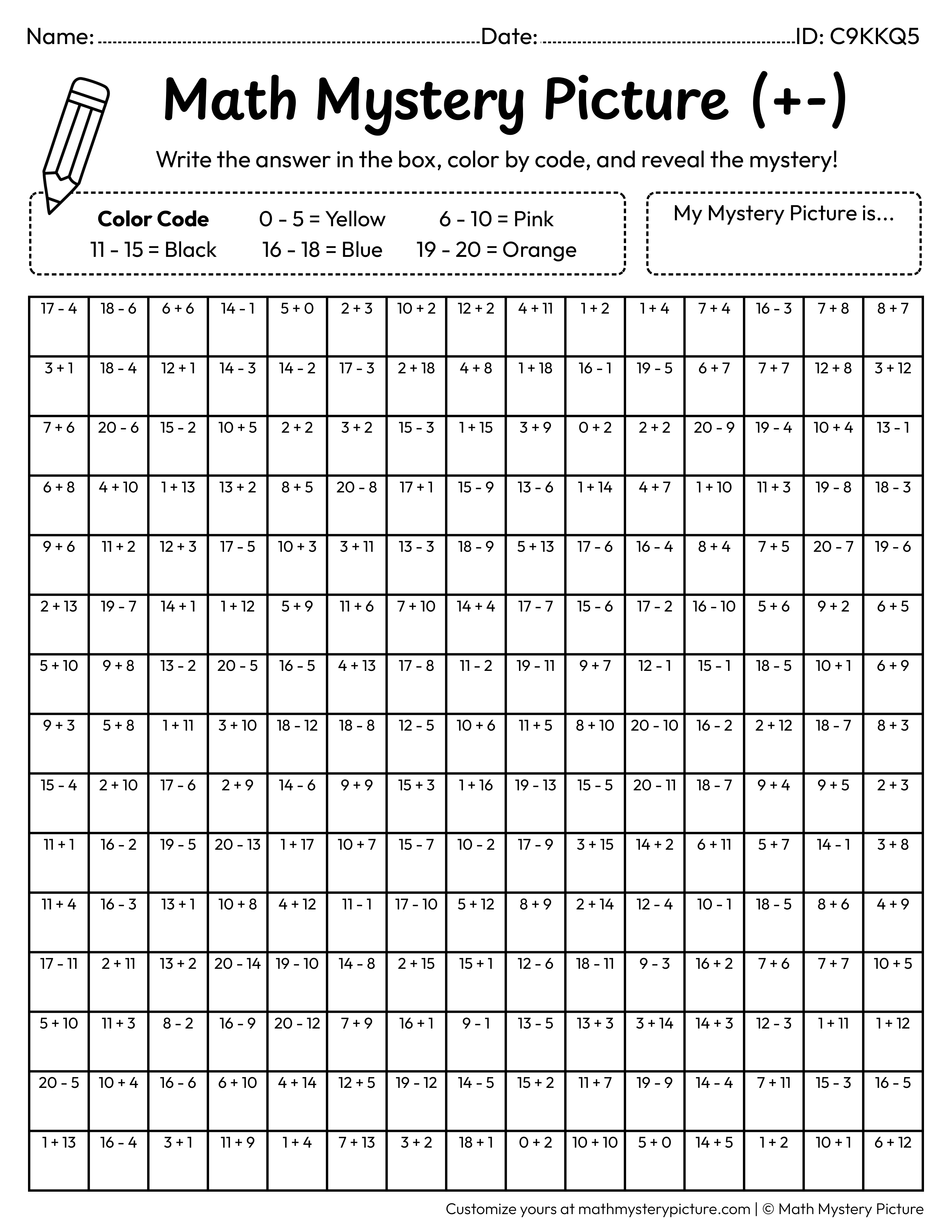 New Year Party Hat Mixed Addition and Subtraction Within 20 Math Mystery Picture Coloring Worksheet