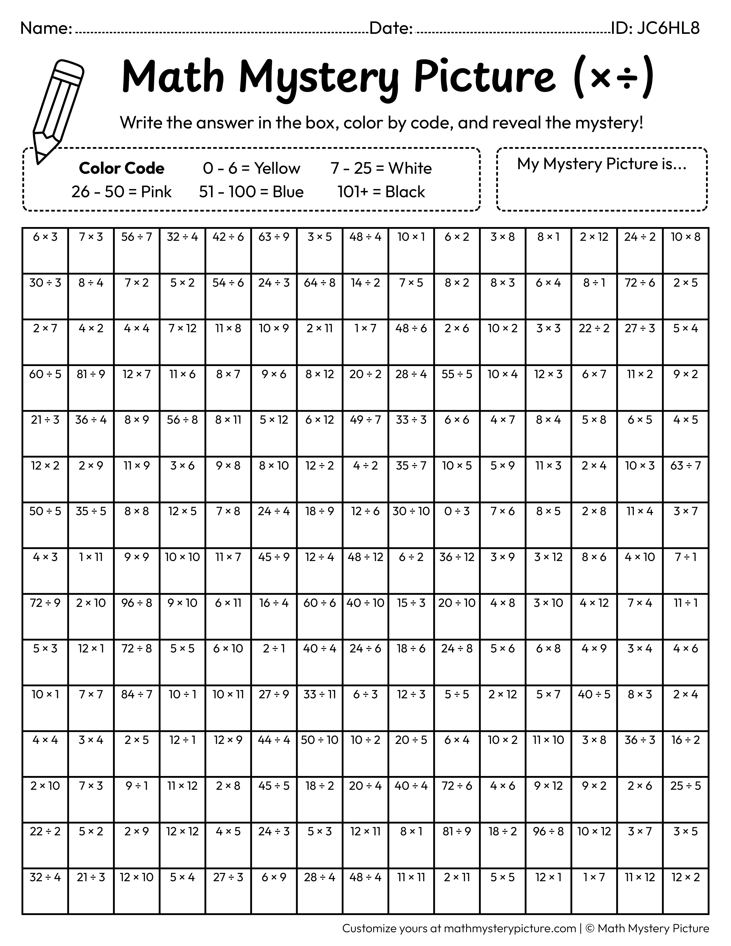 New Year Balloons Mixed Multiplication and Division Facts Math Mystery Picture Coloring Worksheet
