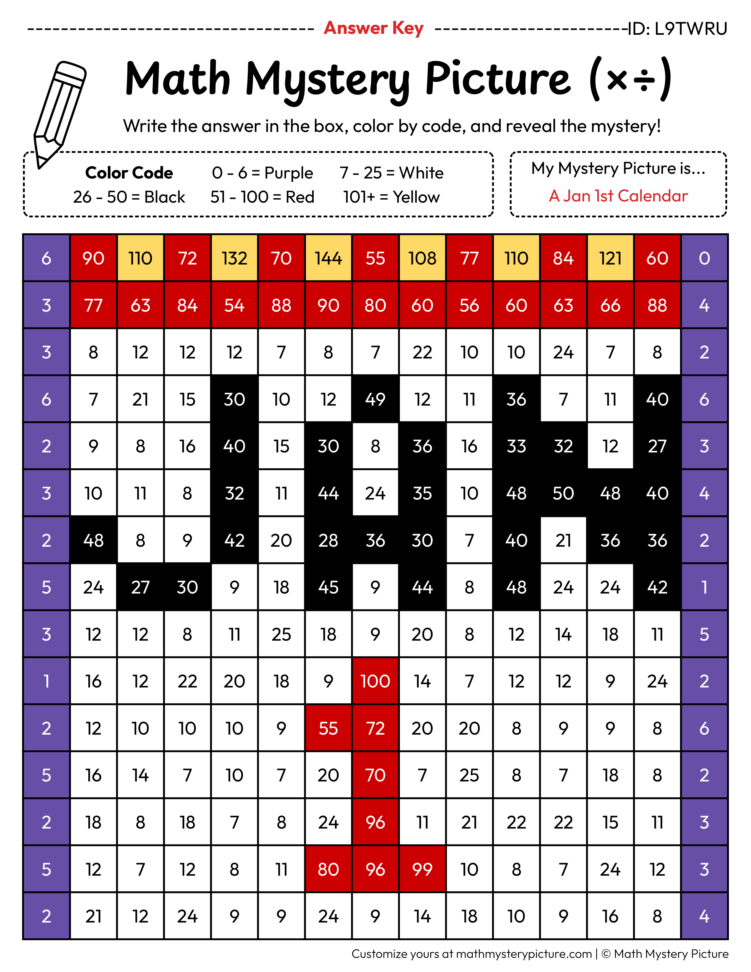 New Year Jan 1st Calendar Mixed Multiplication and Division Facts Math Mystery Picture Color by Number Answer Key