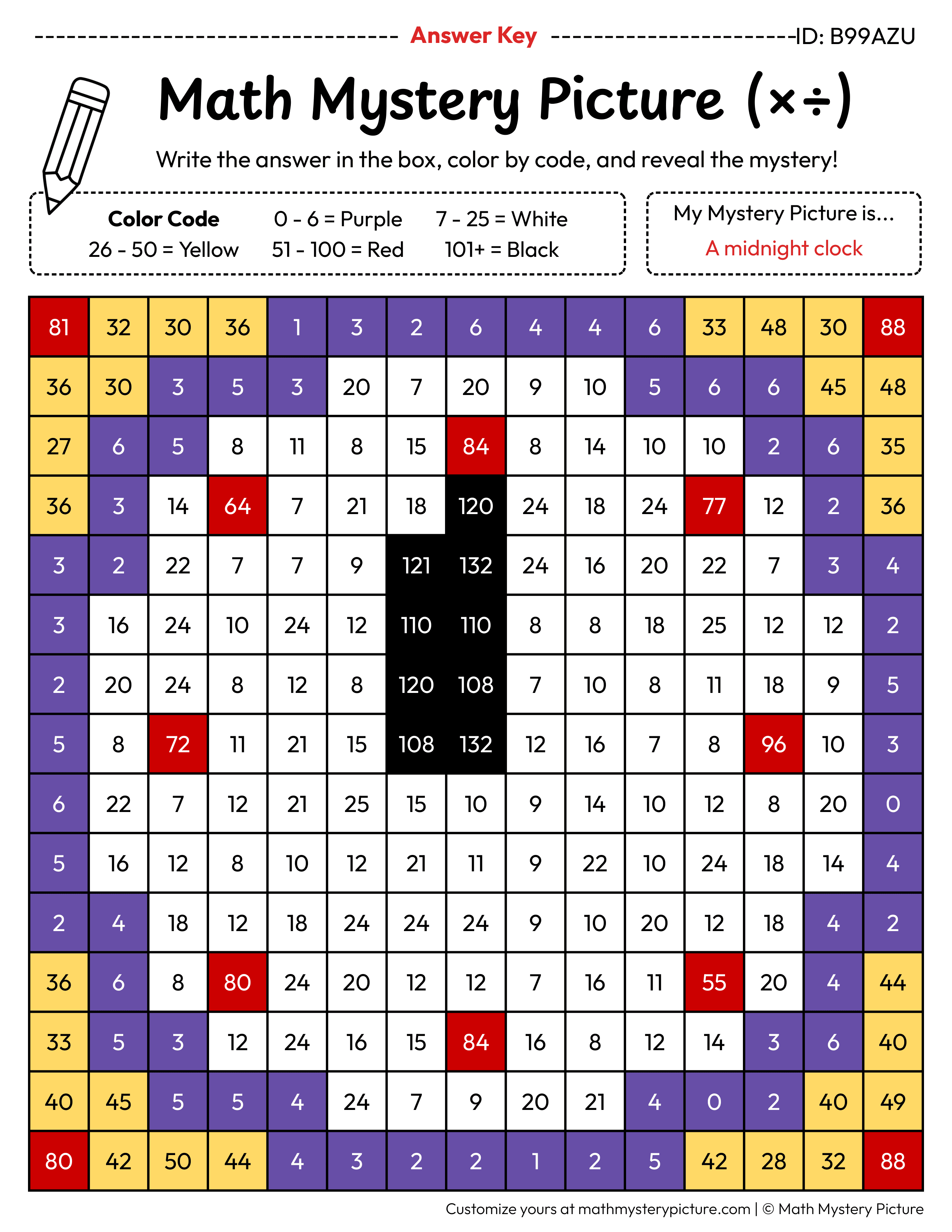 New Year Midnight Clock Mixed Multiplication and Division Facts Math Mystery Picture Color by Number Answer Key
