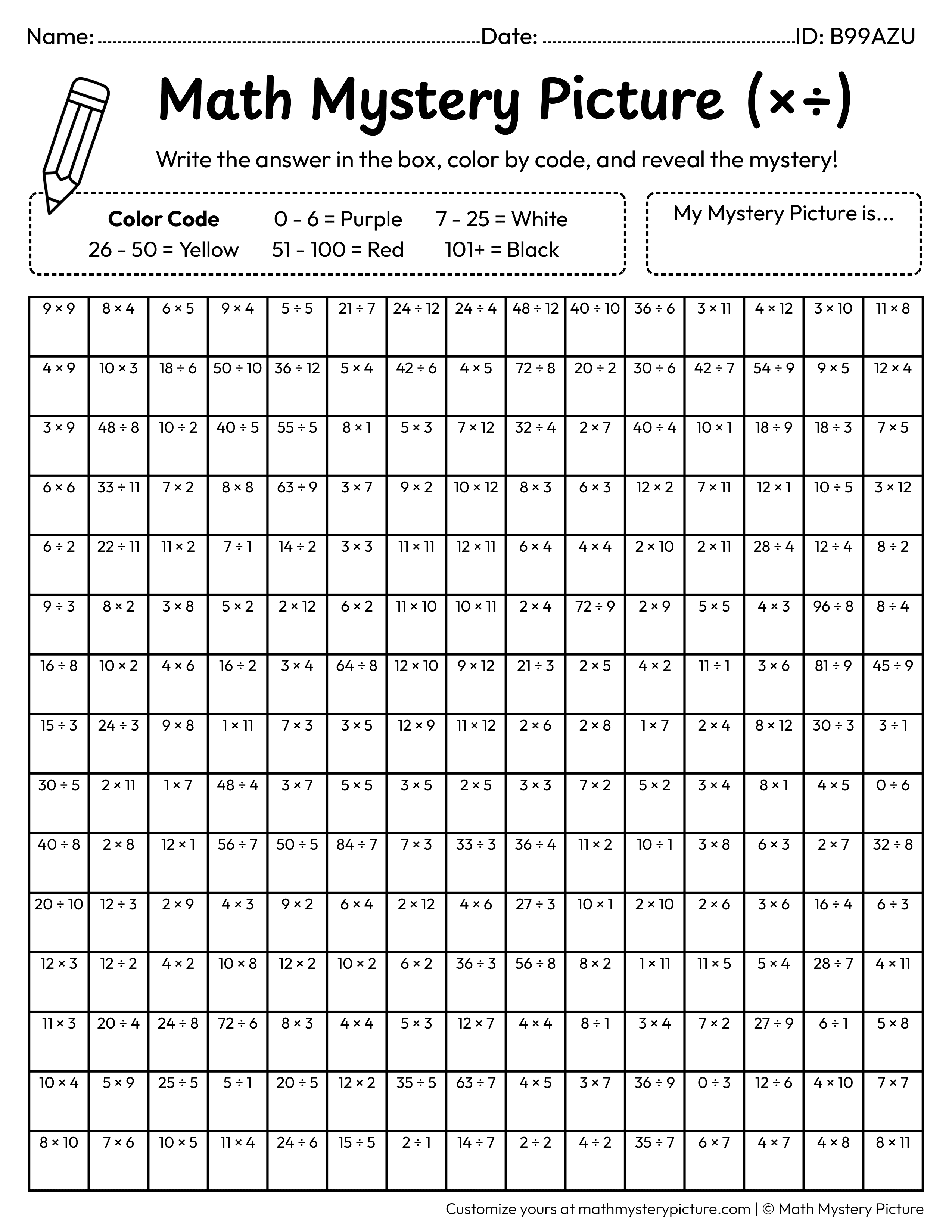 New Year Midnight Clock Mixed Multiplication and Division Facts Math Mystery Picture Coloring Worksheet