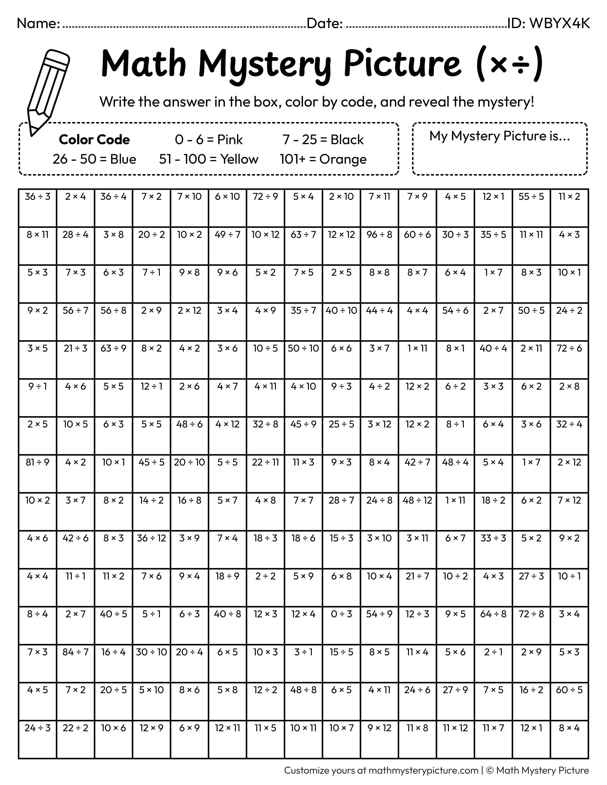 New Year Party Hat Mixed Multiplication and Division Facts Math Mystery Picture Coloring Worksheet