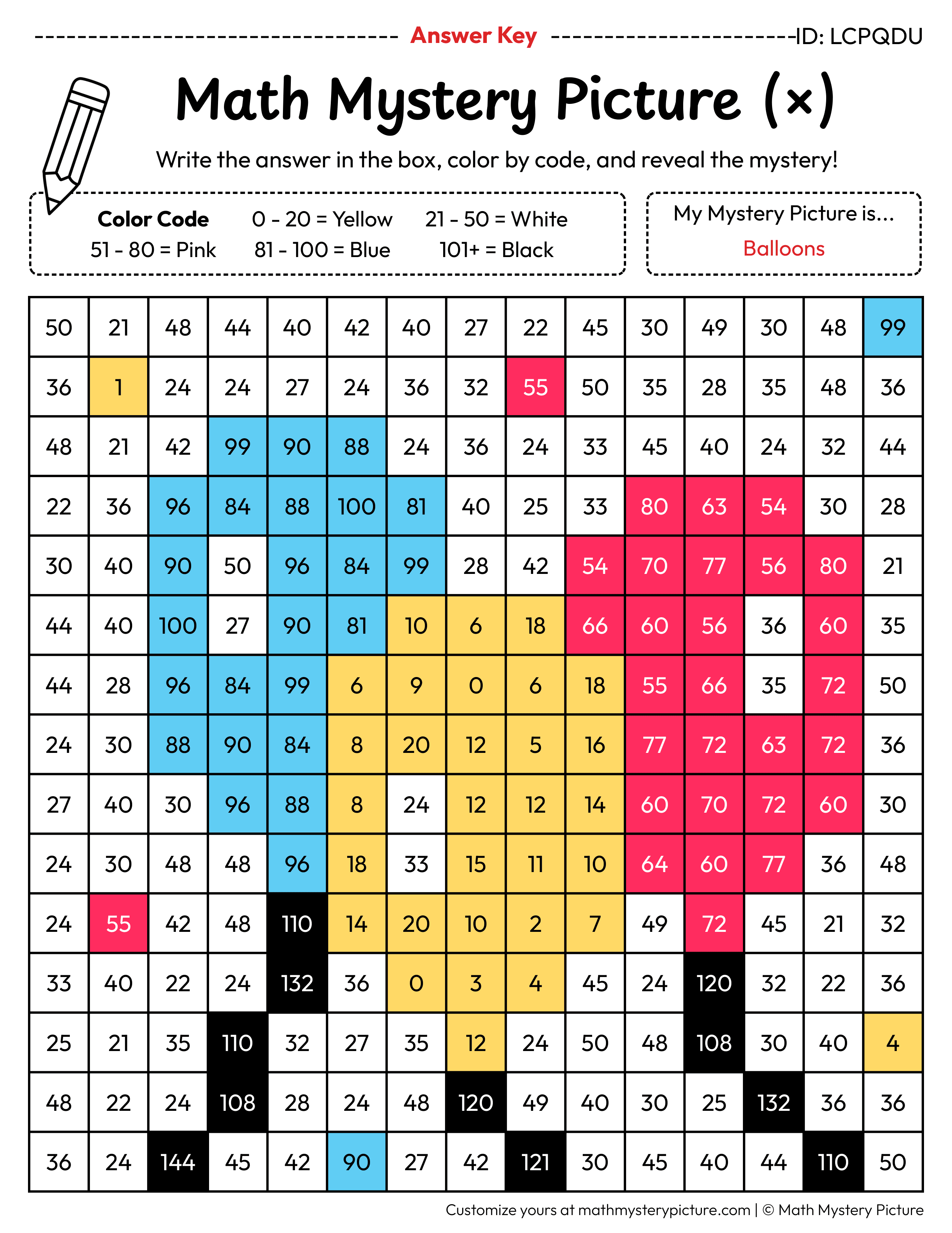 New Year Balloons Multiplication Facts Math Mystery Picture Color by Number Answer Key