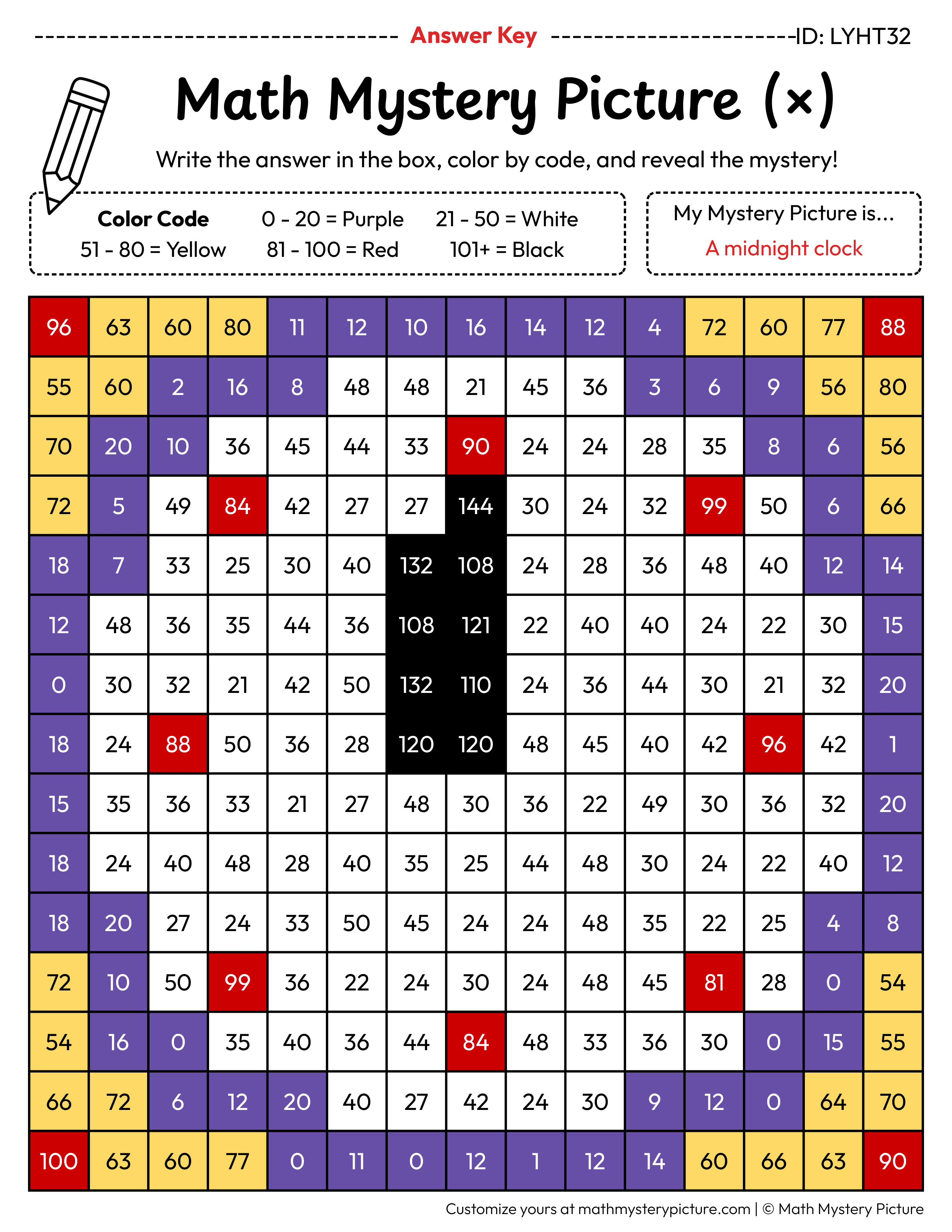New Year Midnight Clock Multiplication Facts Math Mystery Picture Color by Number Answer Key