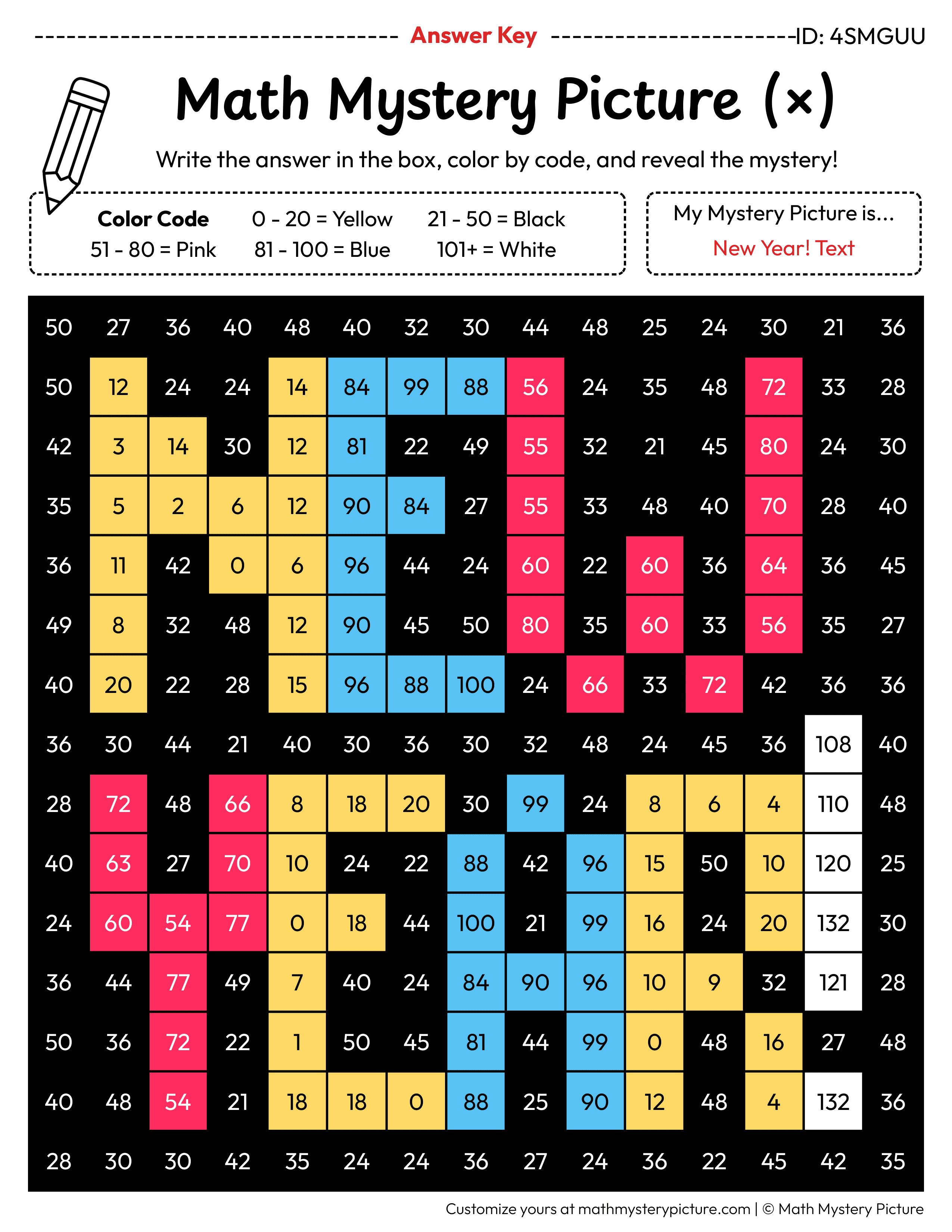 New Year Multiplication Facts Math Mystery Picture Color by Number Answer Key