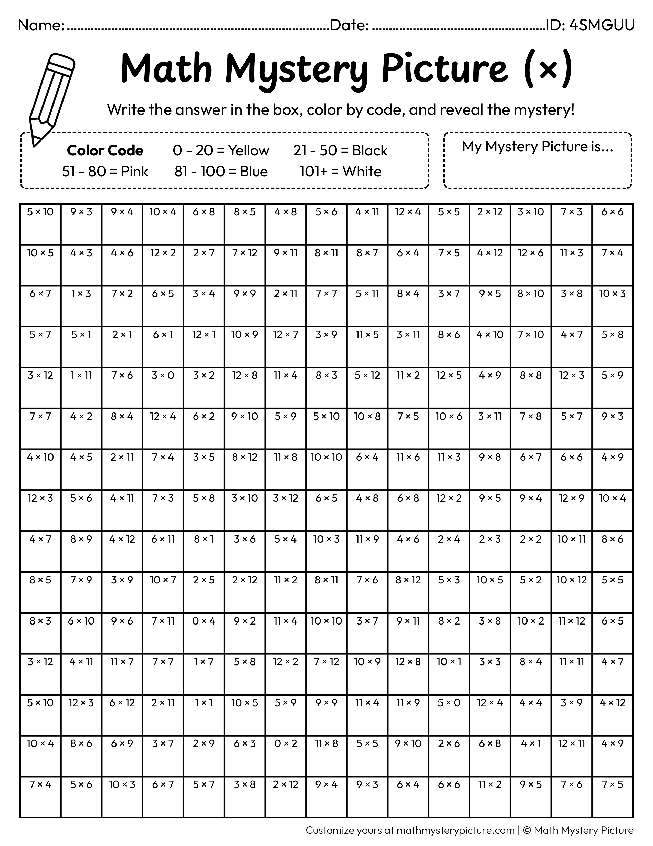 New Year Multiplication Facts Math Mystery Picture Coloring Worksheet
