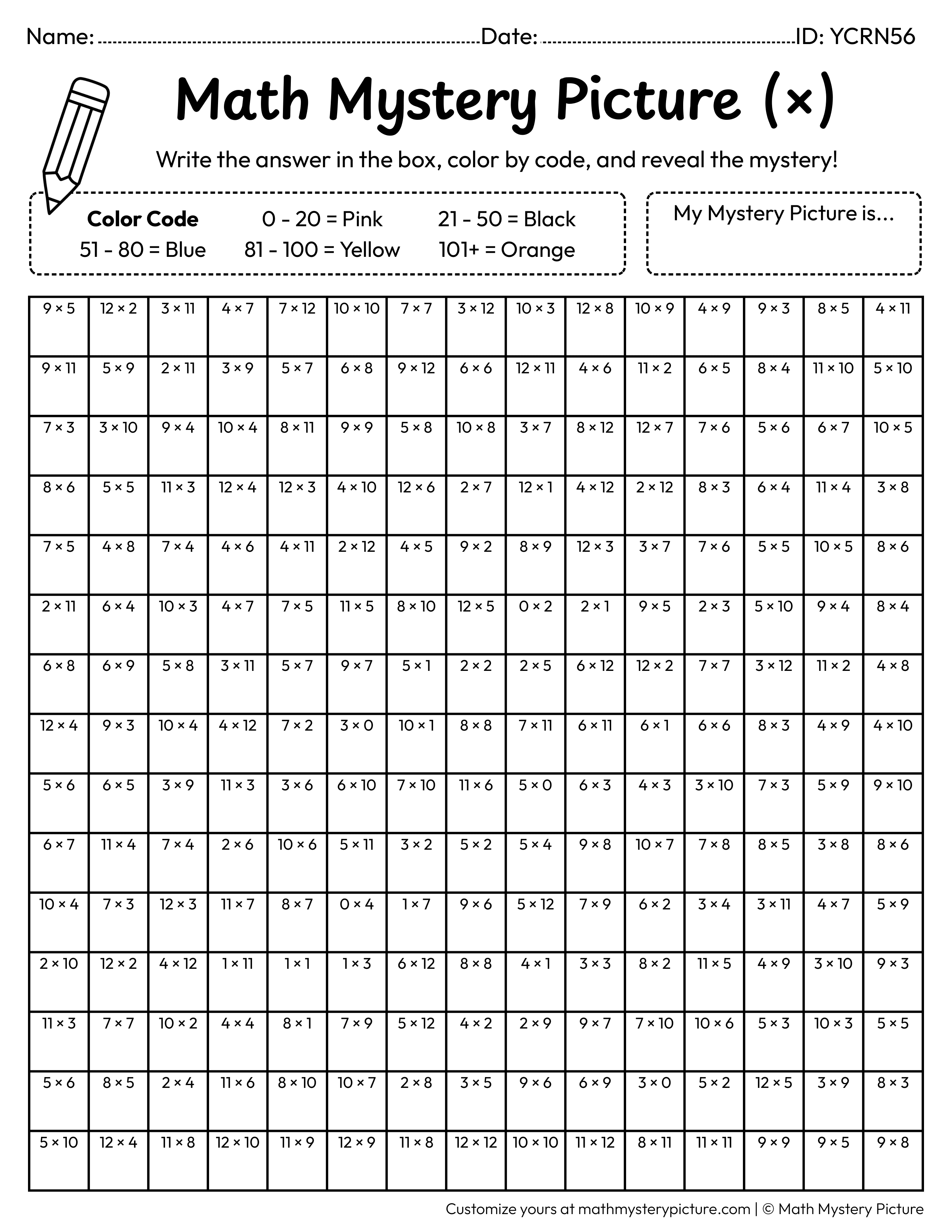 New Year Party Hat Multiplication Facts Math Mystery Picture Coloring Worksheet