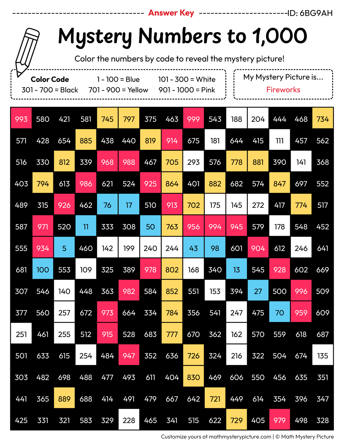 New Year Fireworks Numbers to 1,000 Math Mystery Picture Color by Number Answer Key