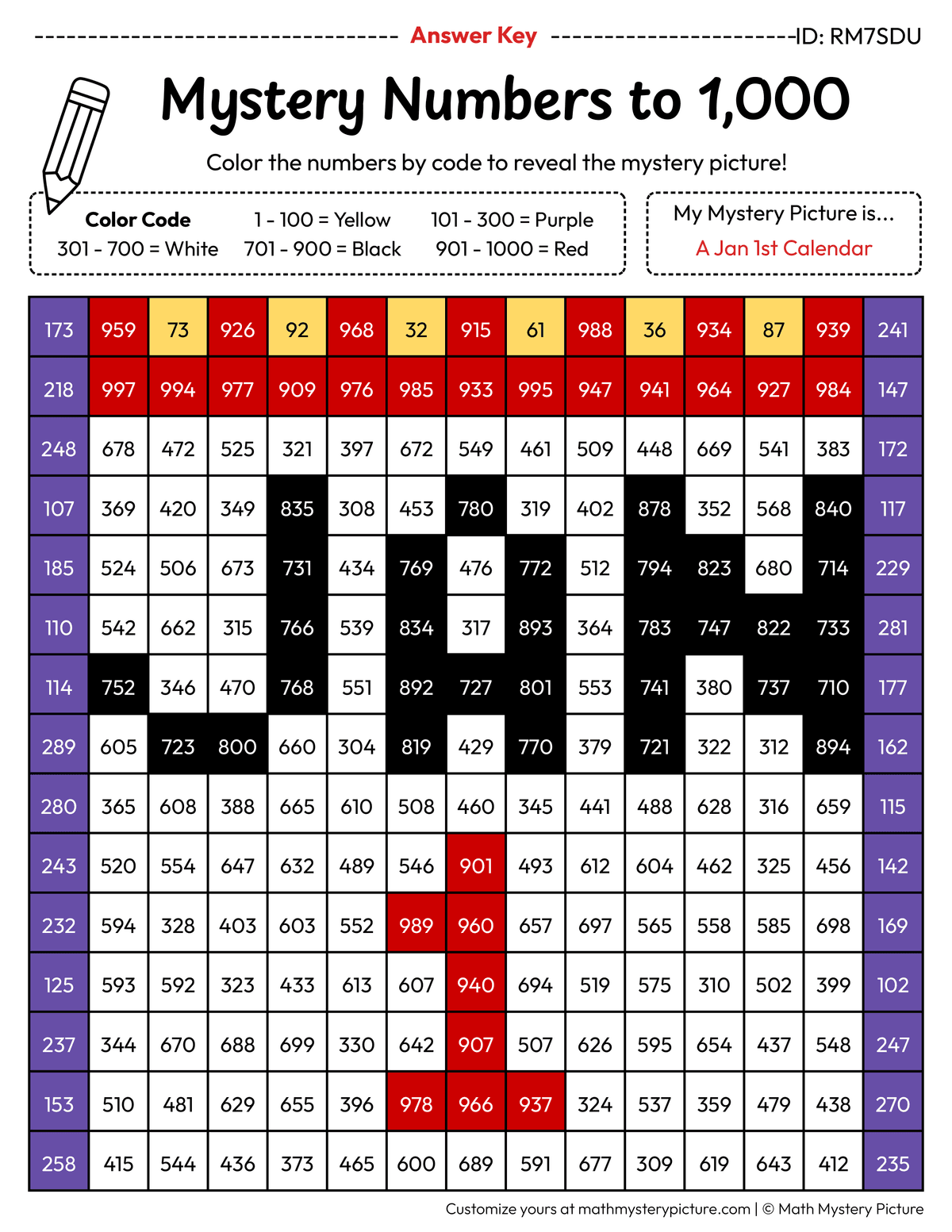 New Year Jan 1st Calendar Numbers to 1,000 Math Mystery Picture Color by Number Answer Key