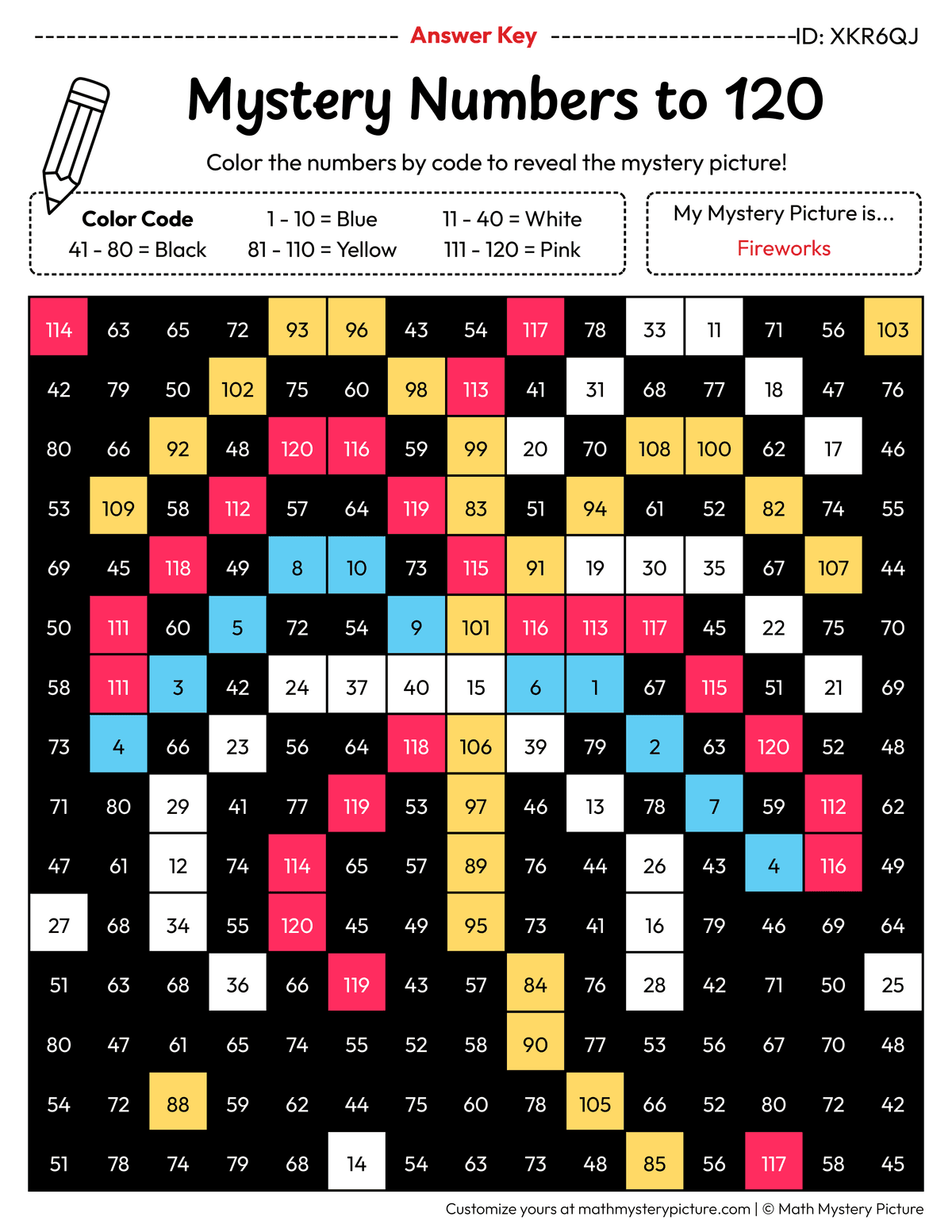 New Year Fireworks Numbers to 120 Math Mystery Picture Color by Number Answer Key
