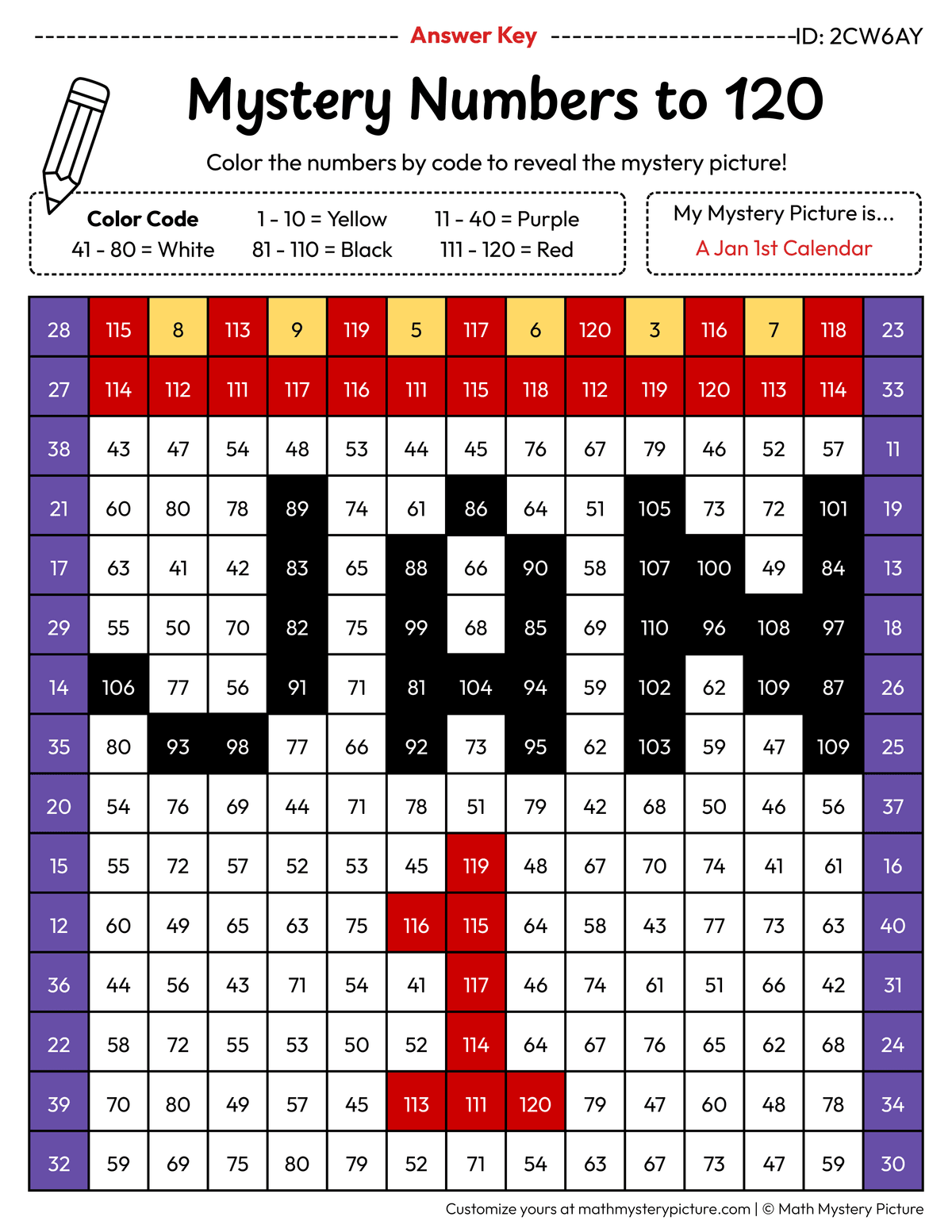 New Year Jan 1st Calendar Numbers to 120 Math Mystery Picture Color by Number Answer Key