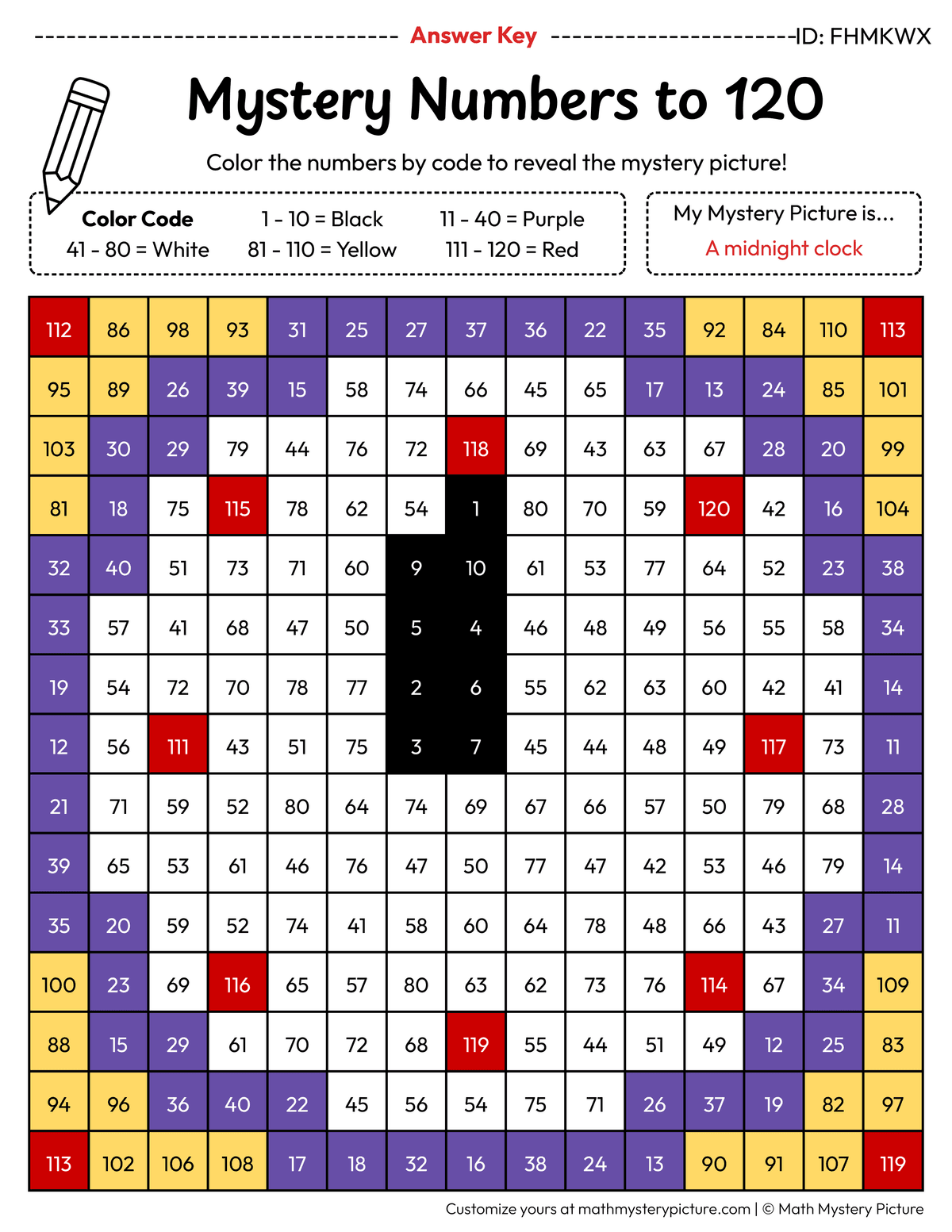 New Year Midnight Clock Numbers to 120 Math Mystery Picture Color by Number Answer Key
