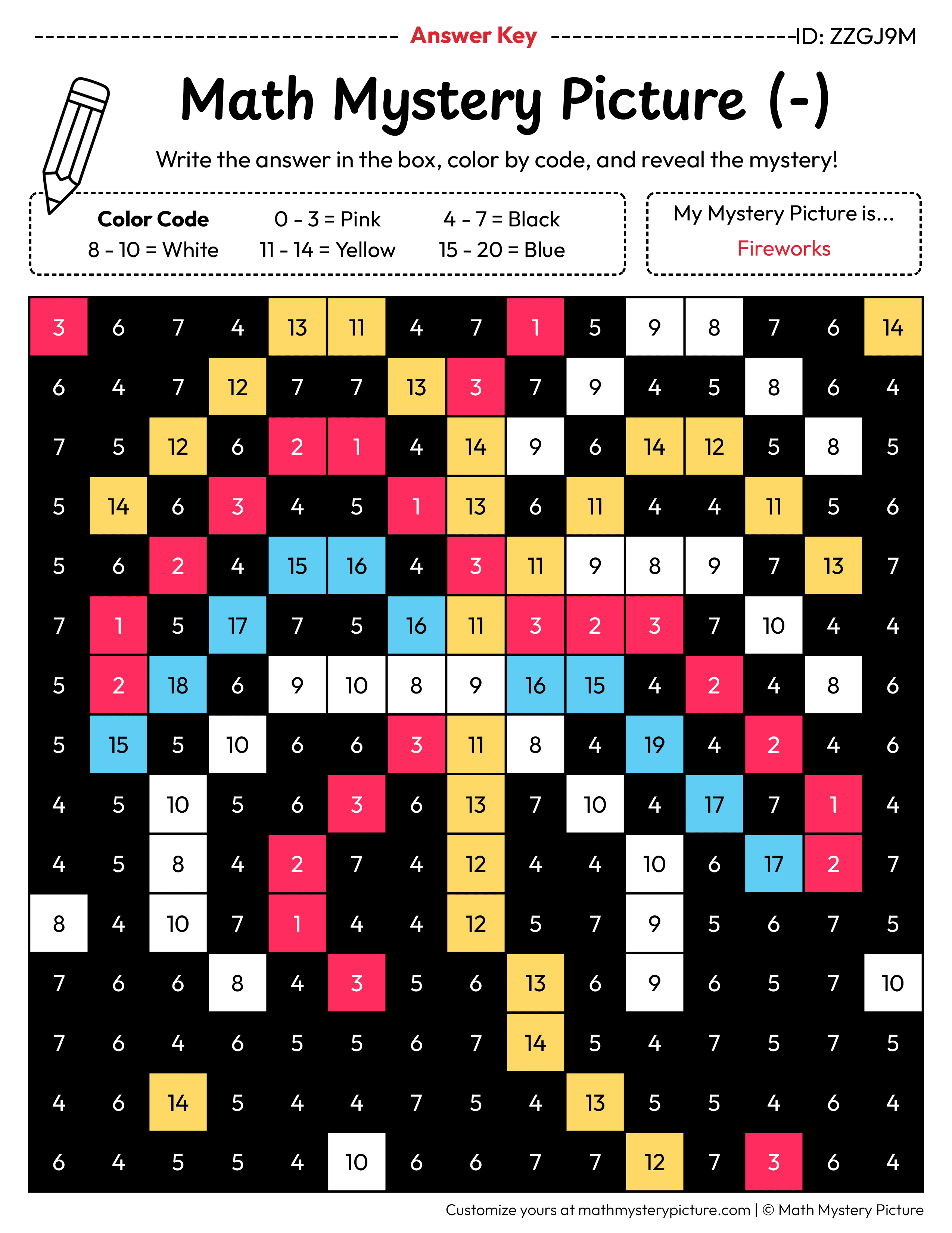 New Year Fireworks Subtraction Within 20 Math Mystery Picture Color by Number Answer Key