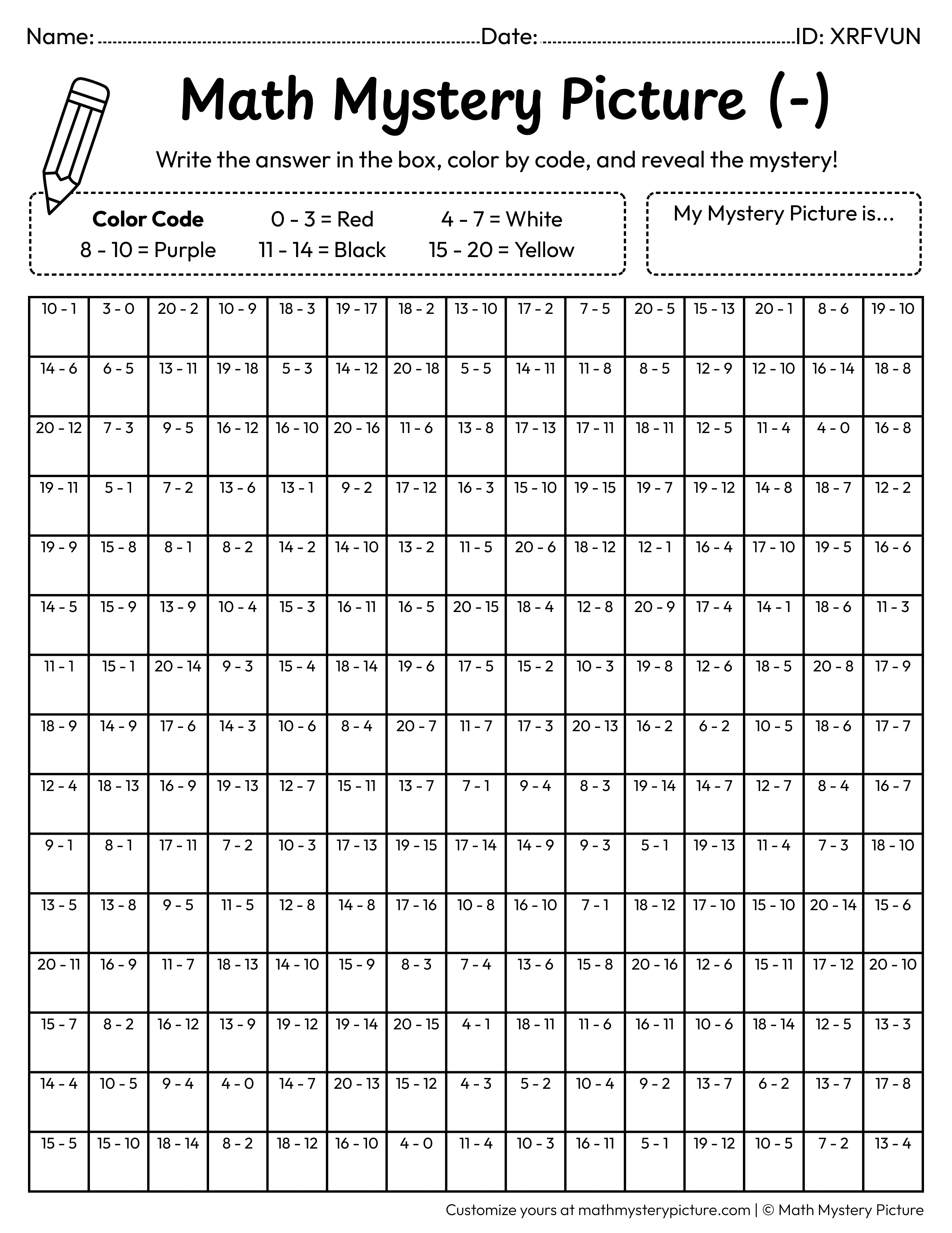 New Year Jan 1st Calendar Subtraction Within 20 Math Mystery Picture Coloring Worksheet