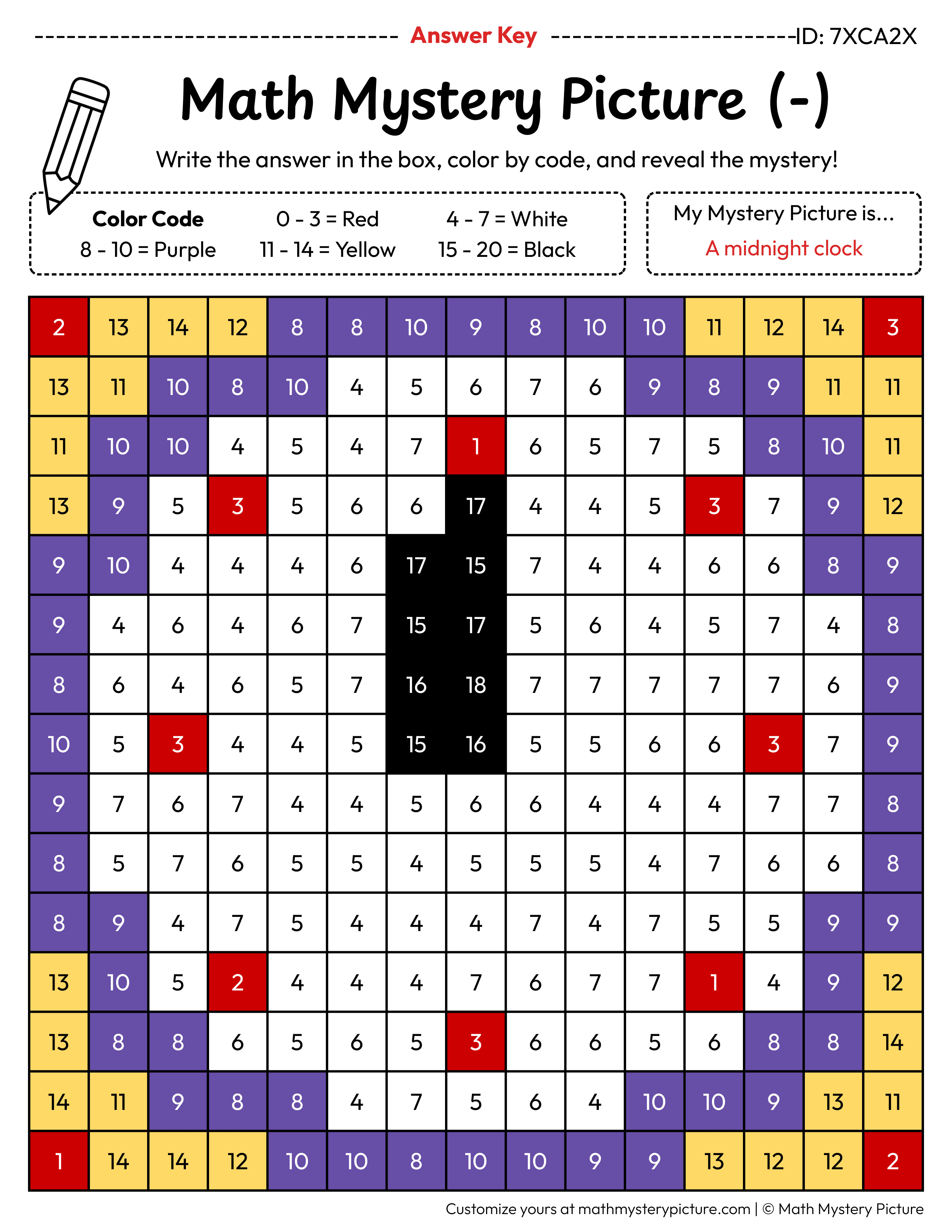 New Year Midnight Clock Subtraction Within 20 Math Mystery Picture Color by Number Answer Key