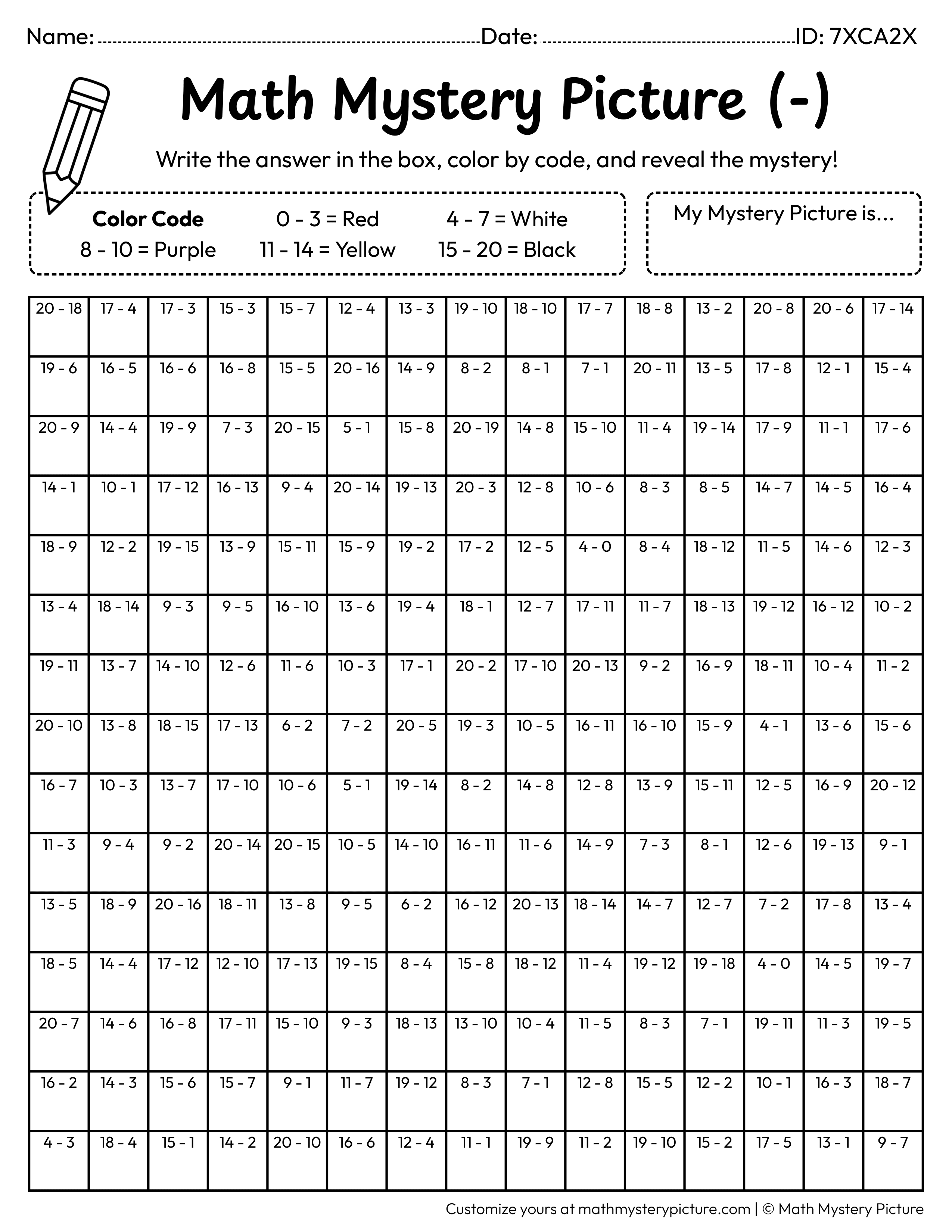 New Year Midnight Clock Subtraction Within 20 Math Mystery Picture Coloring Worksheet