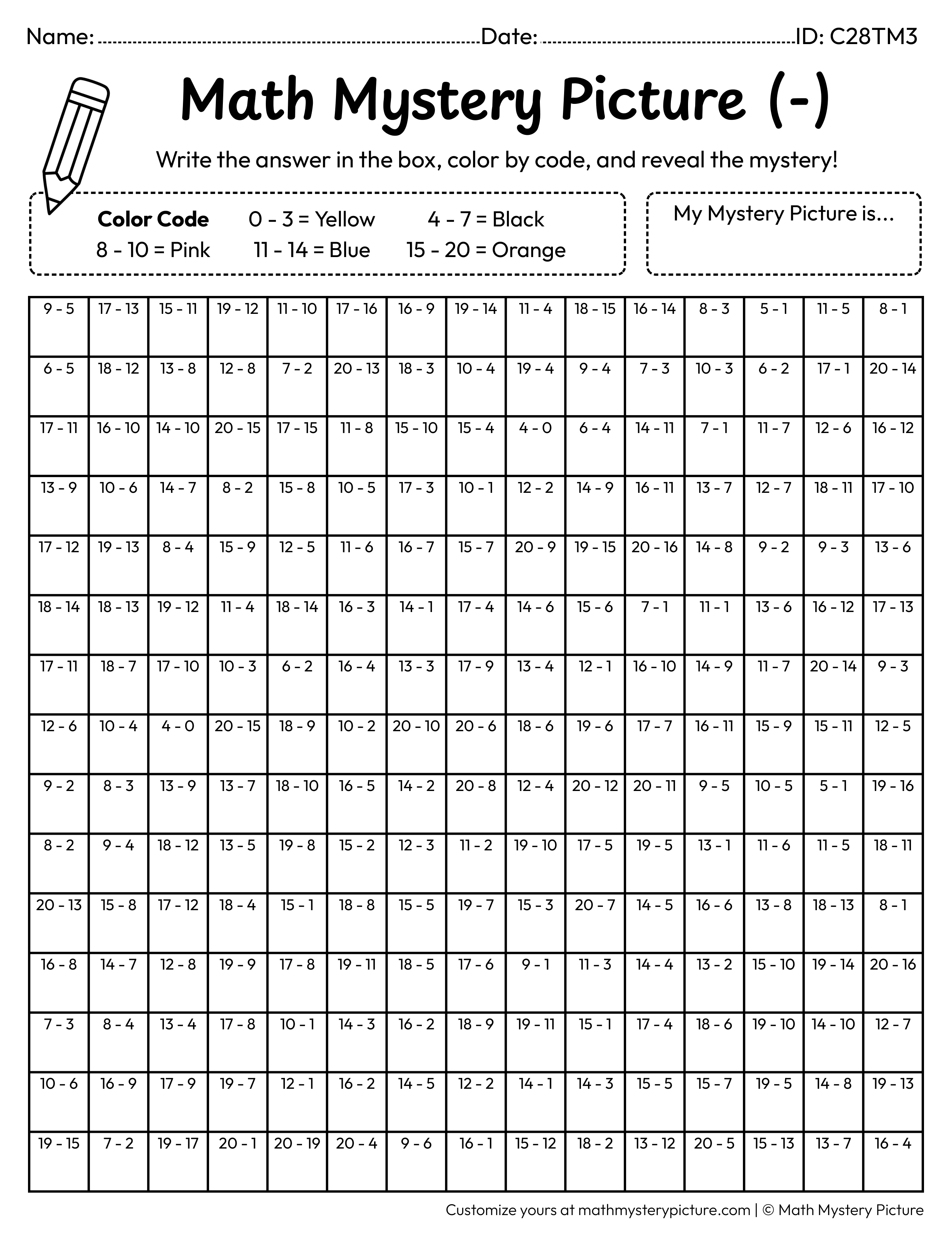 New Year Party Hat Subtraction Within 20 Math Mystery Picture Coloring Worksheet