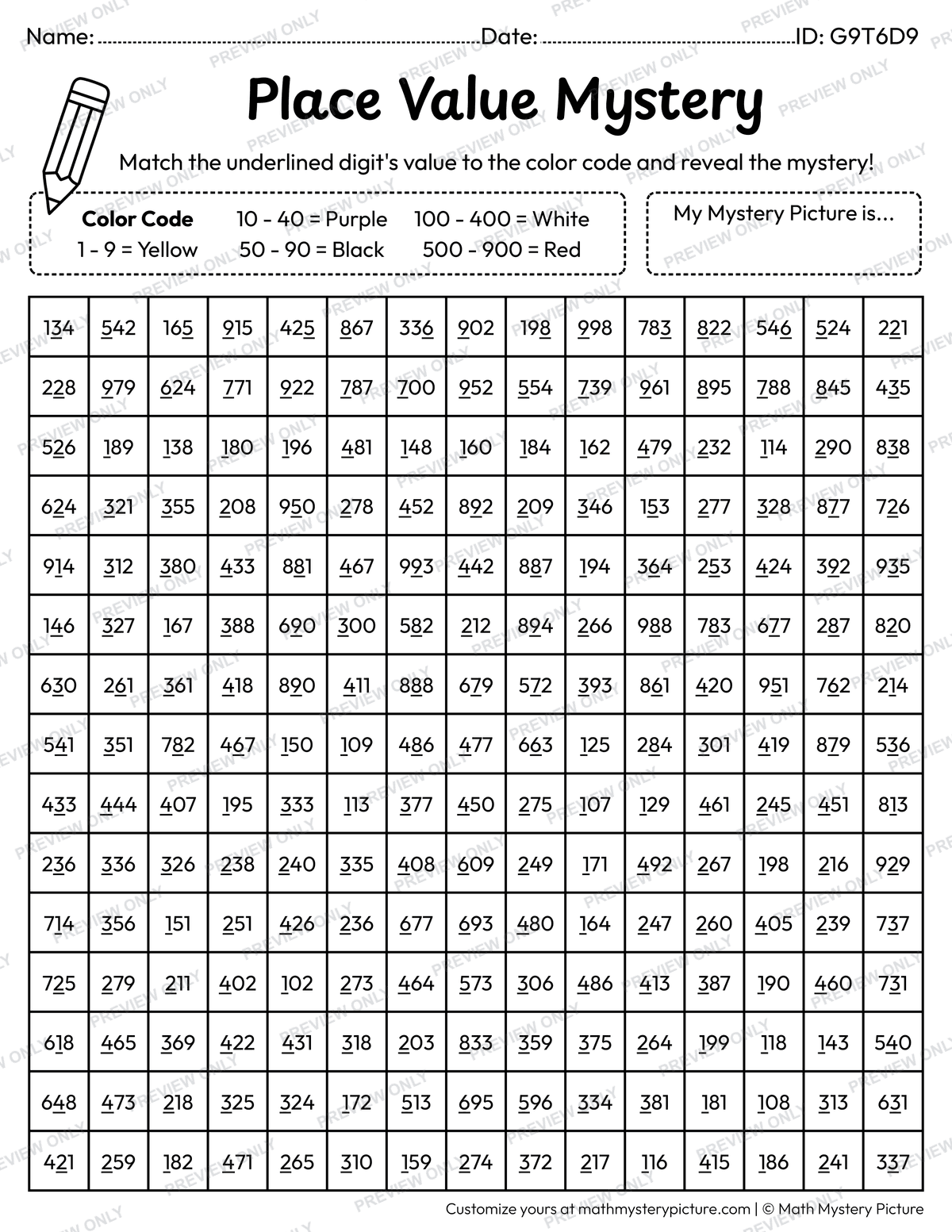 New Year Jan 1st Calendar Value of Underlined Digit Math Mystery Picture Coloring Worksheet