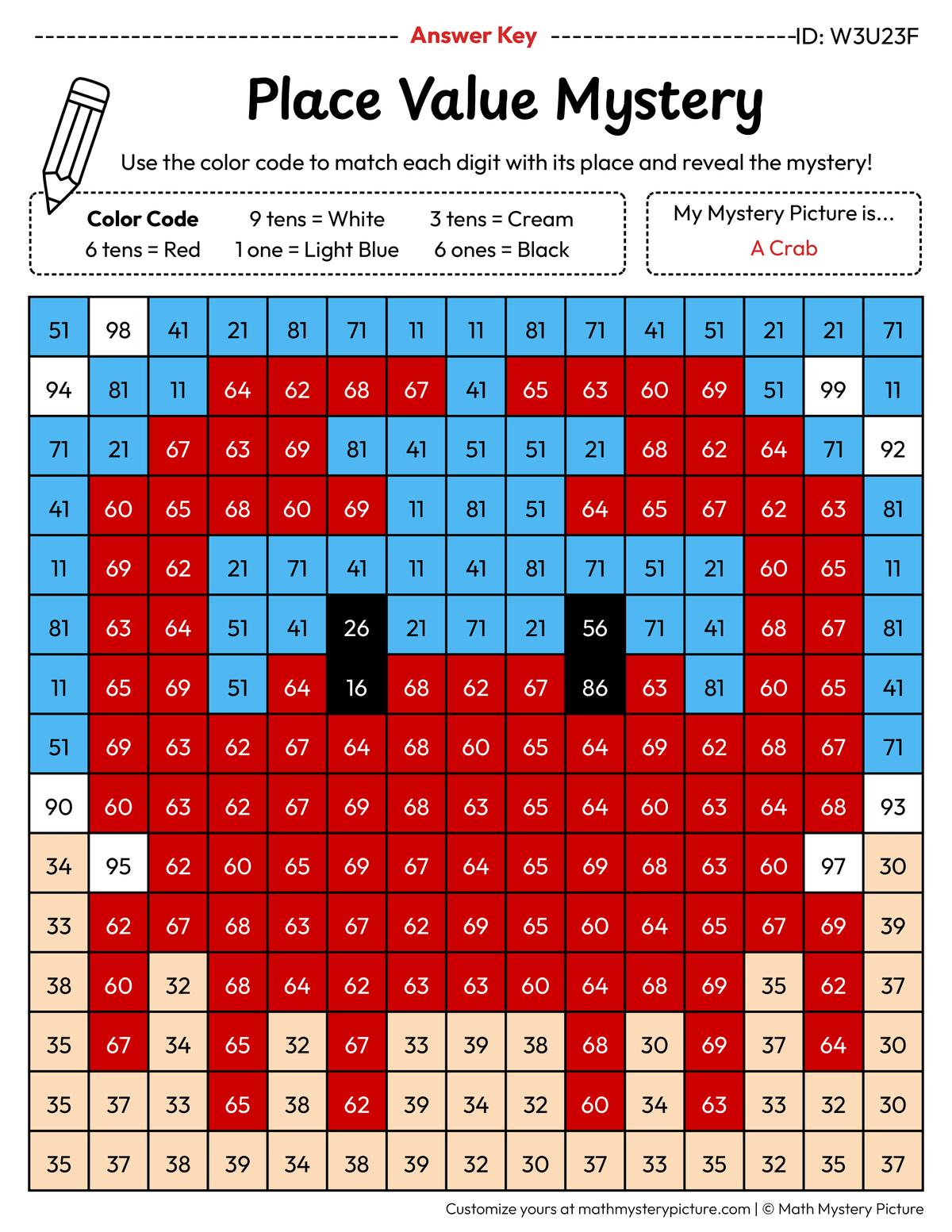 Crab 2-digit Place Value Math Mystery Picture Color by Number Answer Key