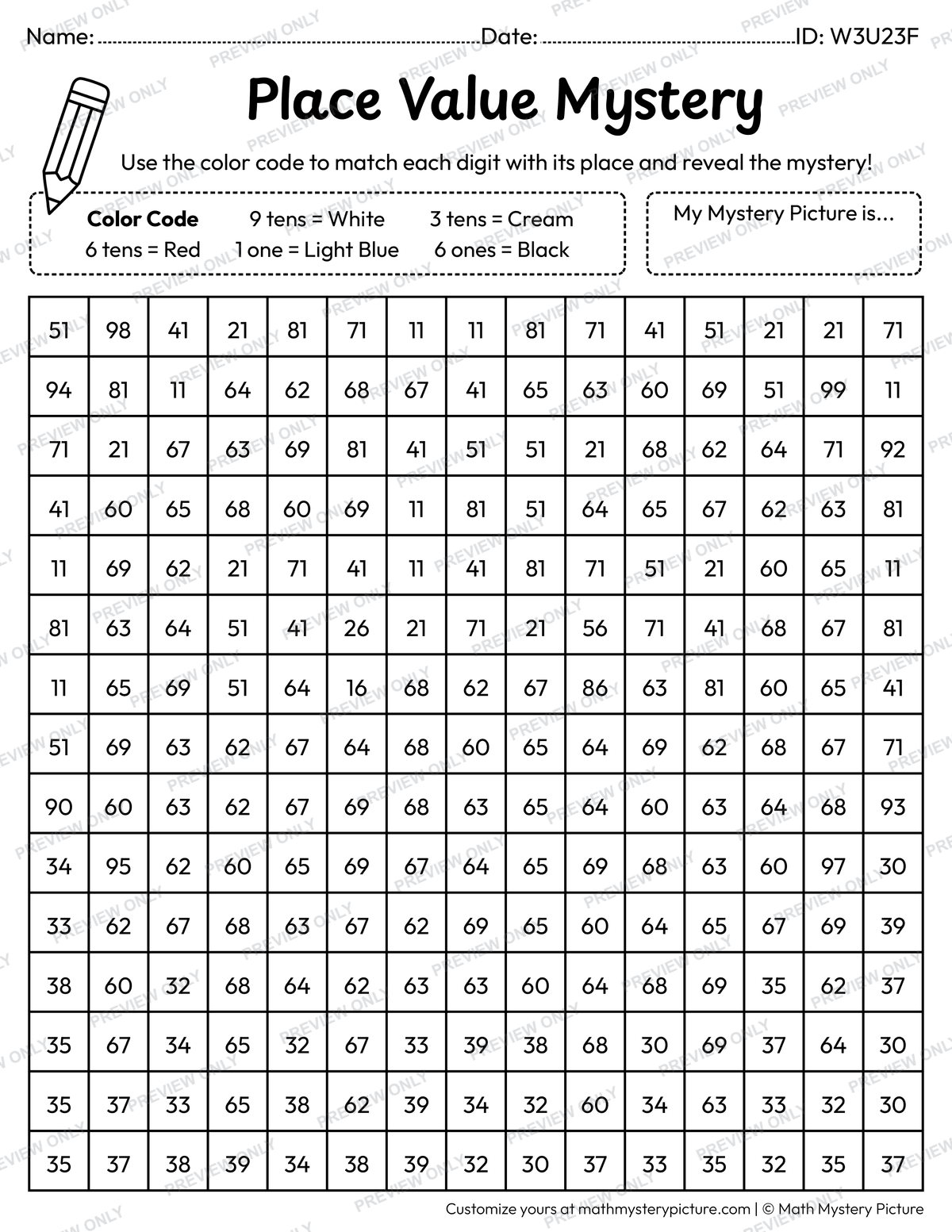 Crab 2-digit Place Value Math Mystery Picture Coloring Worksheet