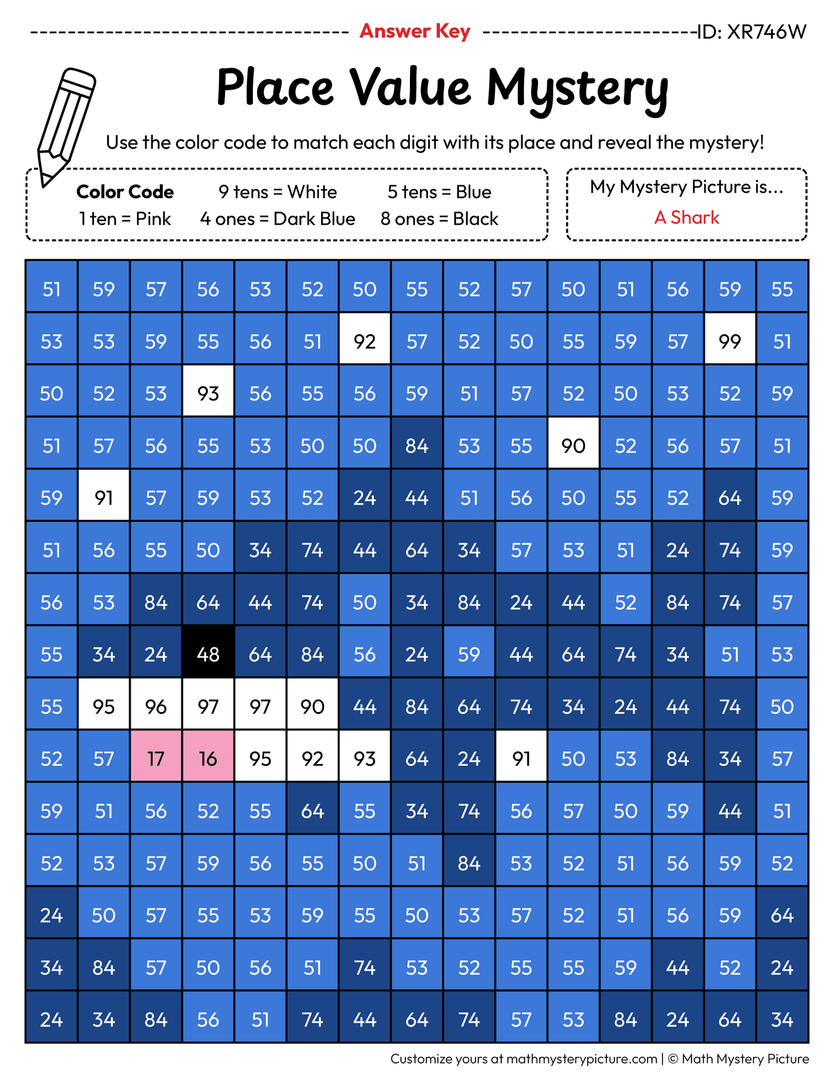 Shark 2-digit Place Value Math Mystery Picture Color by Number Answer Key