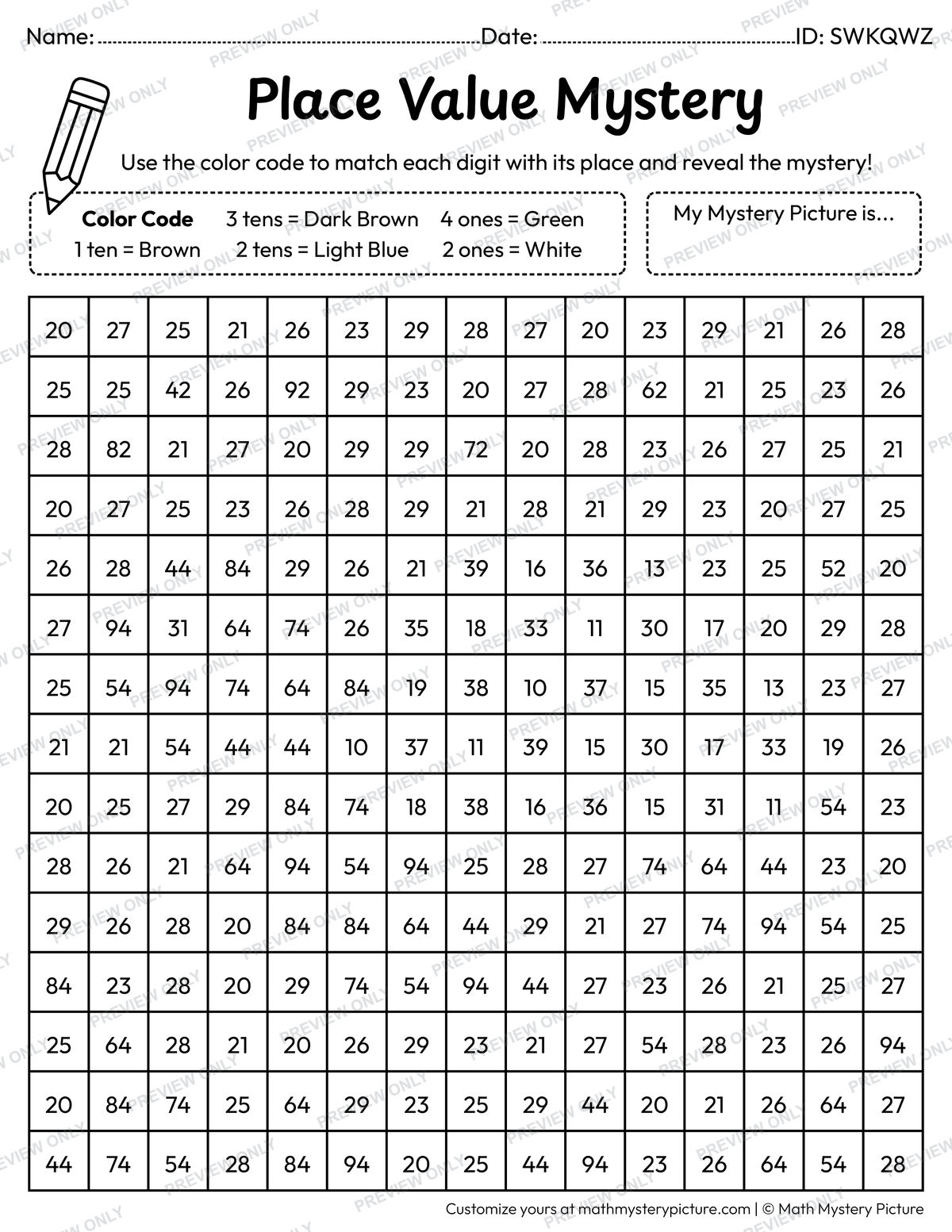 Turtle 2-digit Place Value Math Mystery Picture Coloring Worksheet