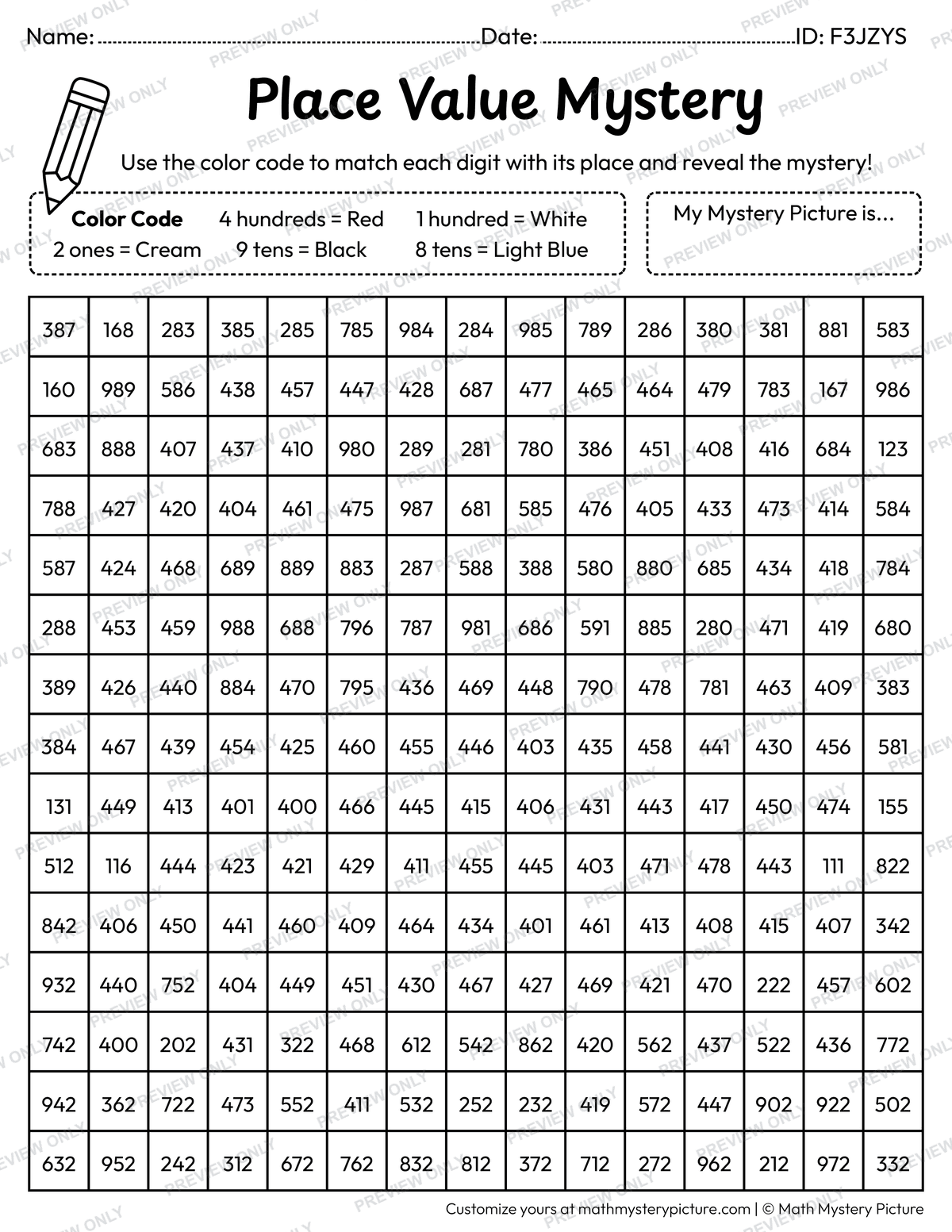 Crab 3-digit Place Value Math Mystery Picture Coloring Worksheet