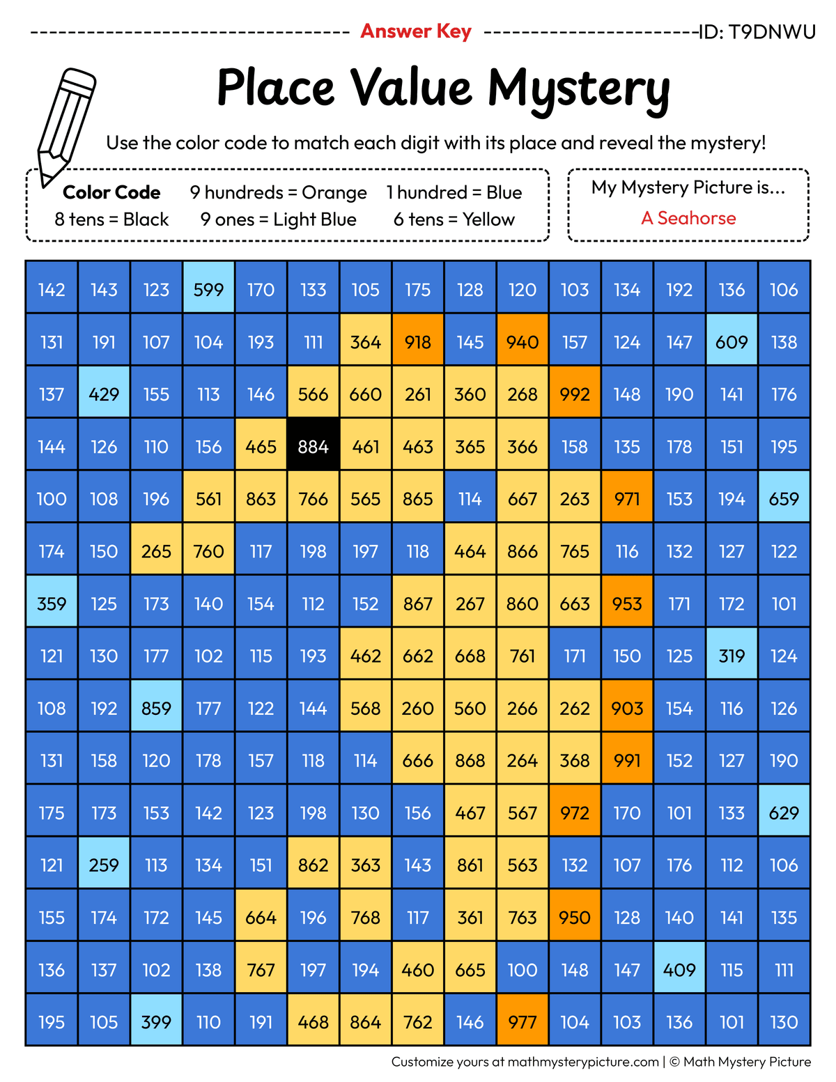 Seahorse 3-digit Place Value Math Mystery Picture Color by Number Answer Key