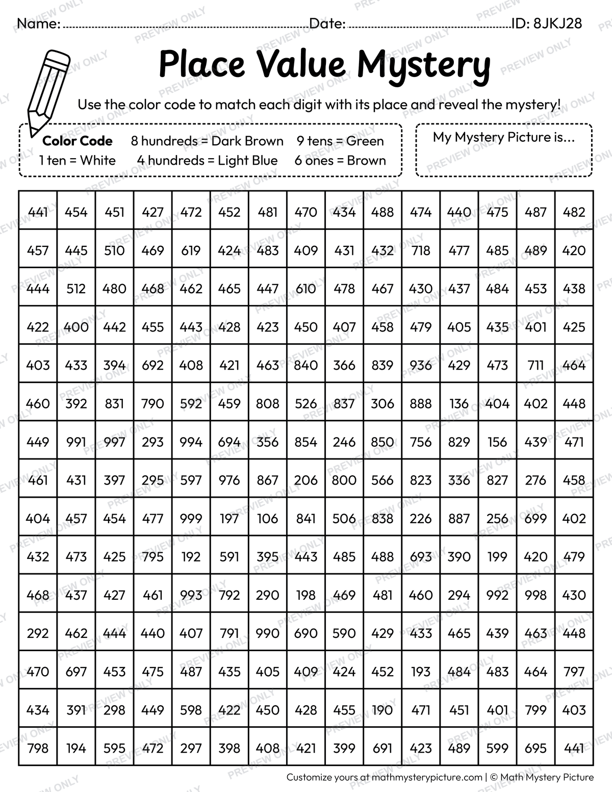 Turtle 3-digit Place Value Math Mystery Picture Coloring Worksheet