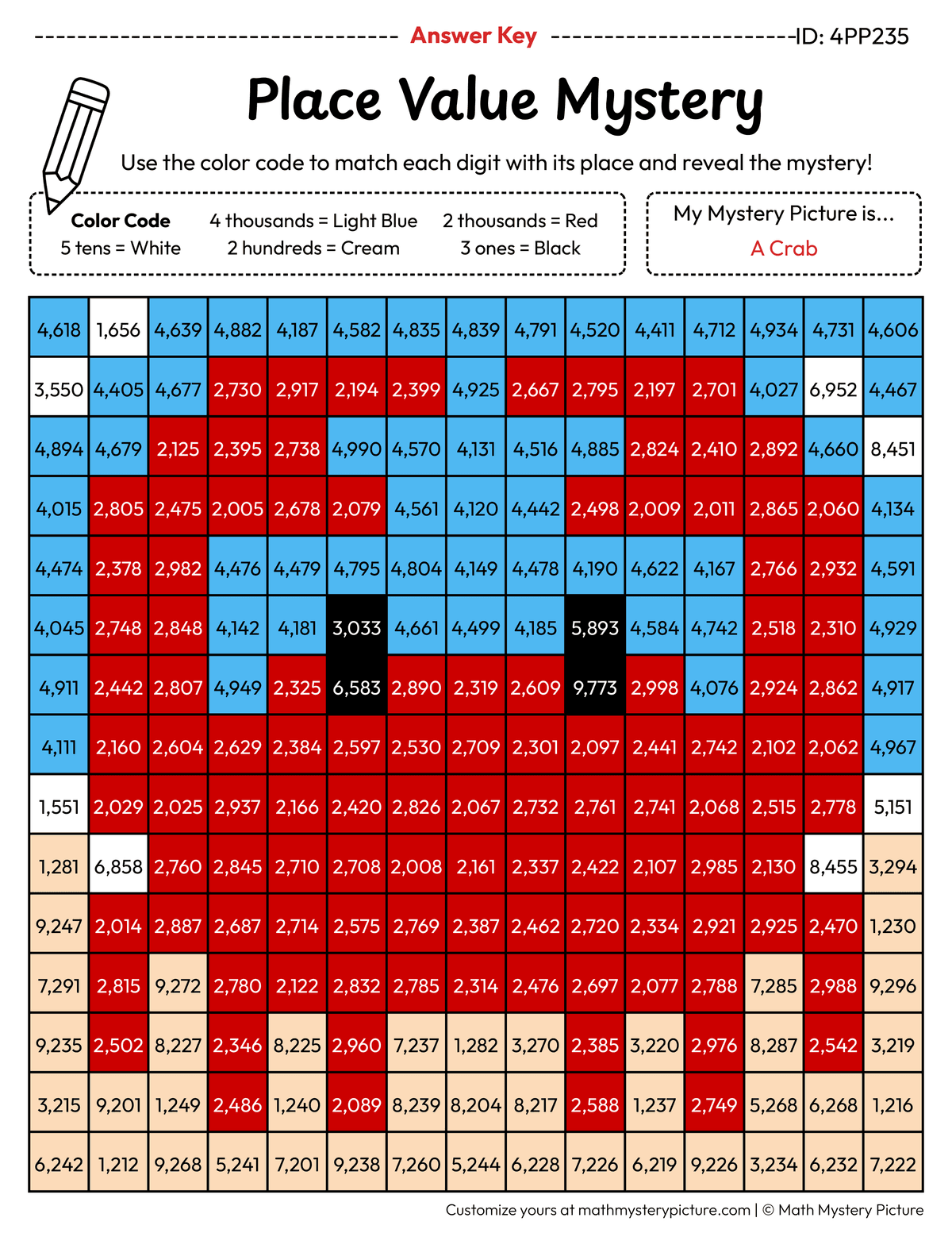 Crab 4-digit Place Value Math Mystery Picture Color by Number Answer Key