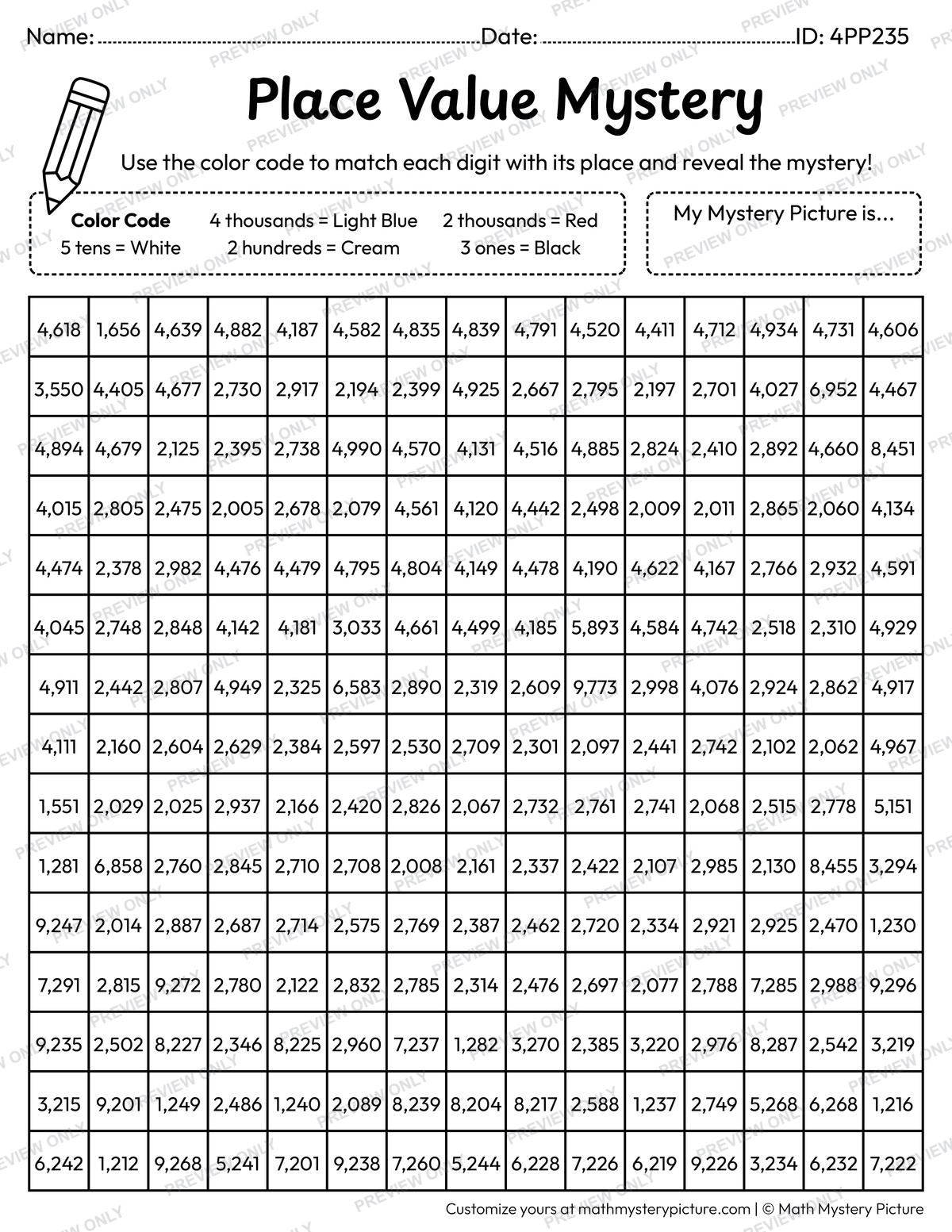 Crab 4-digit Place Value Math Mystery Picture Coloring Worksheet