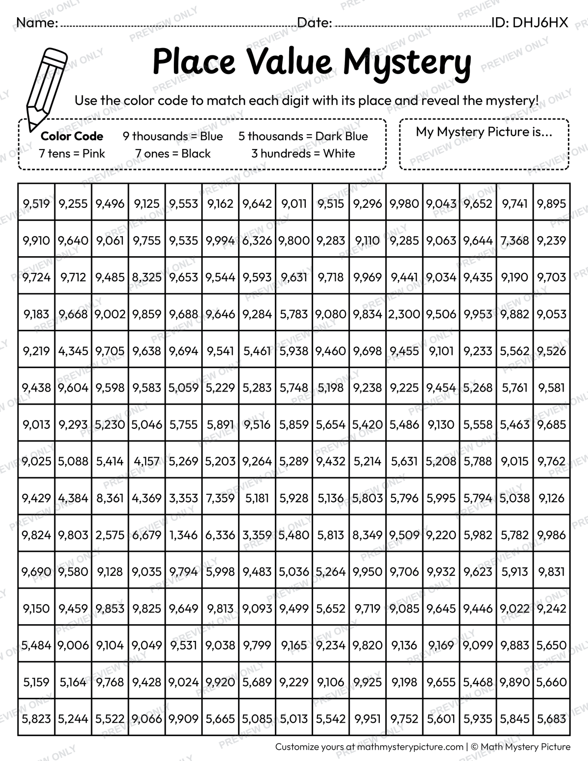 Shark 4-digit Place Value Math Mystery Picture Coloring Worksheet