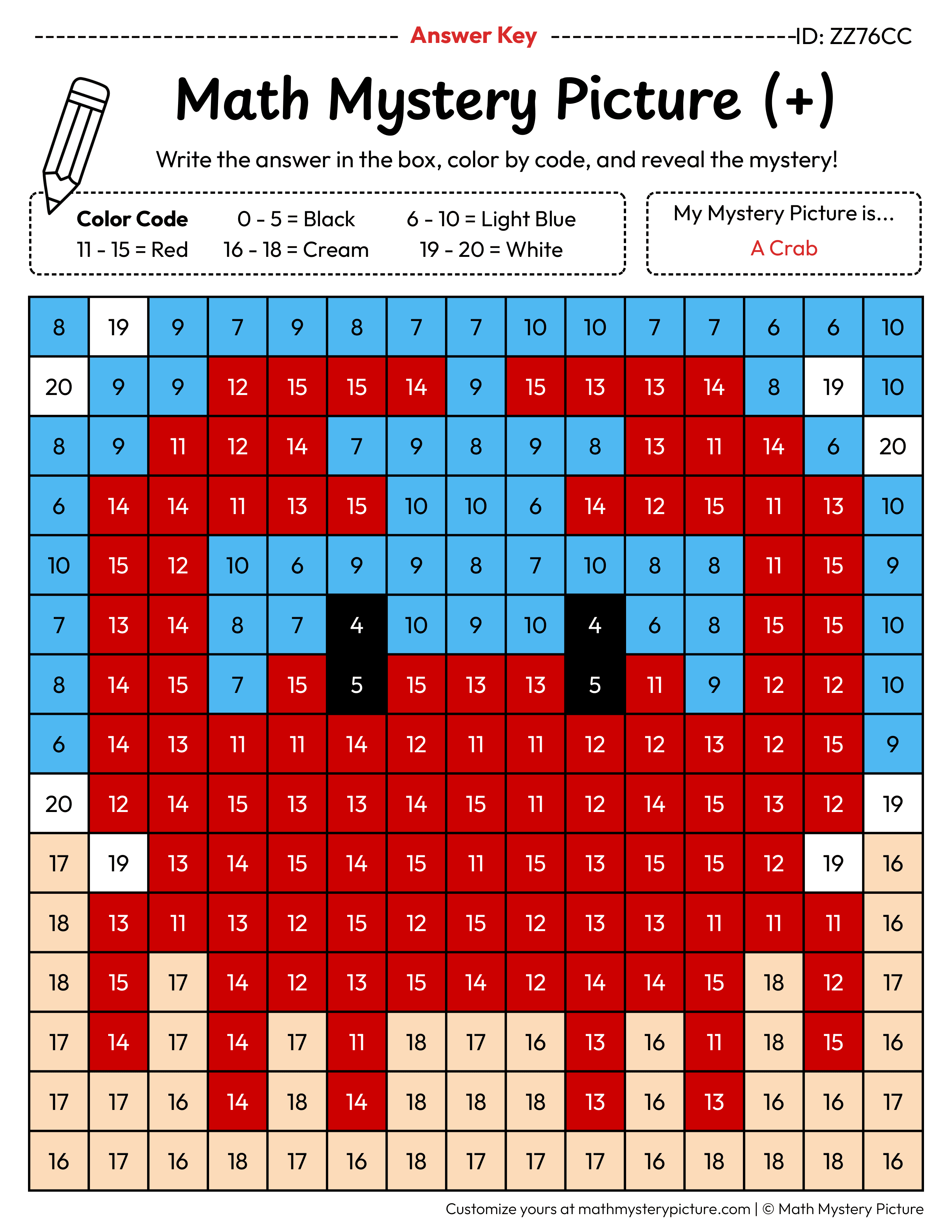 Crab Addition Within 20 Math Mystery Picture Color by Number Answer Key