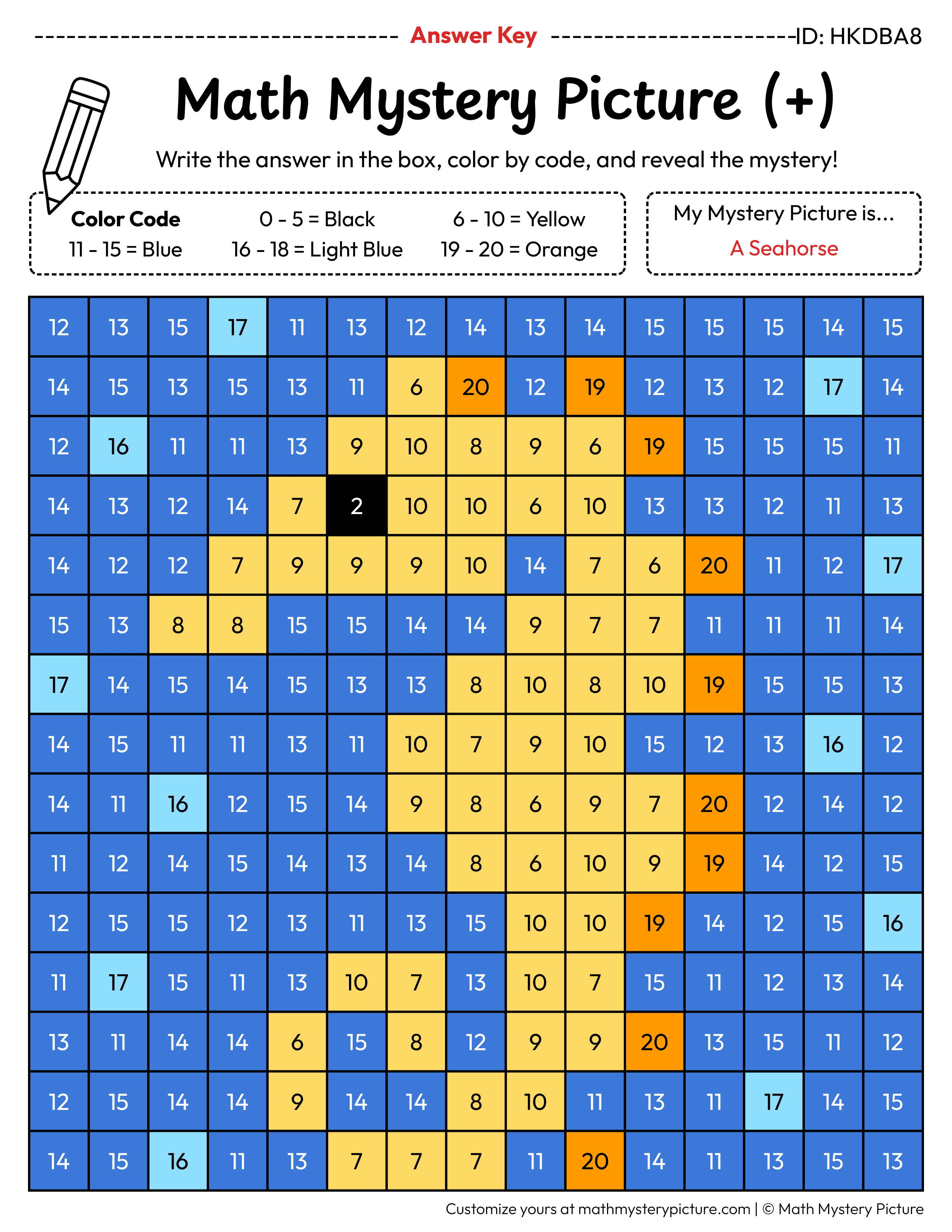 Seahorse Addition Within 20 Math Mystery Picture Color by Number Answer Key