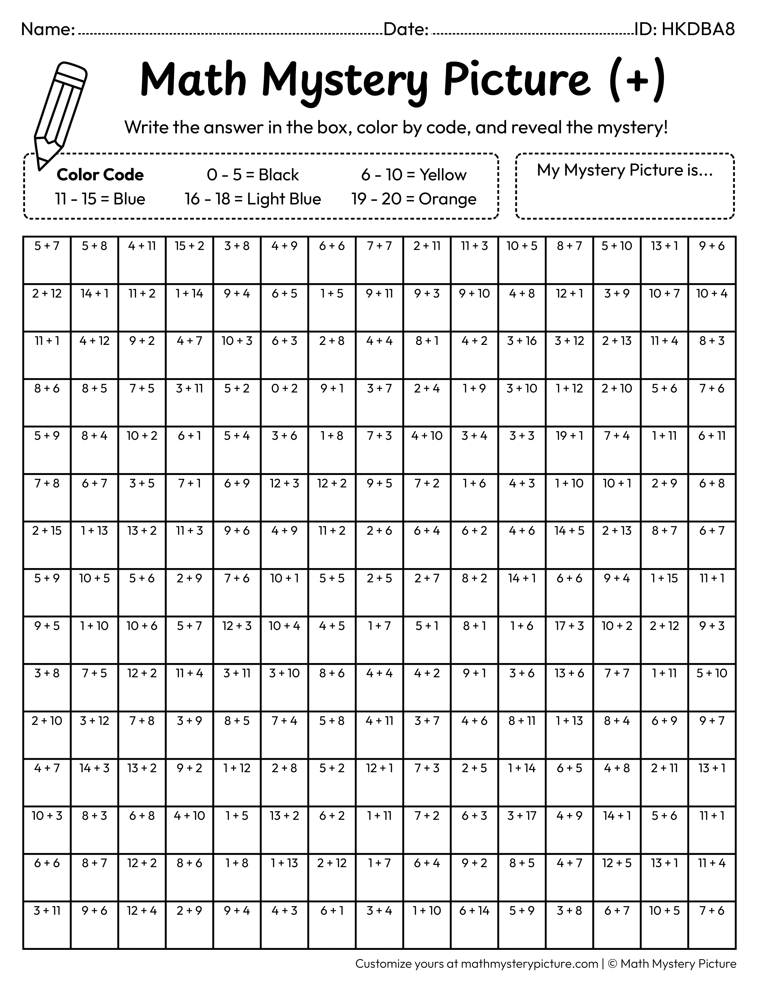 Seahorse Addition Within 20 Math Mystery Picture Coloring Worksheet