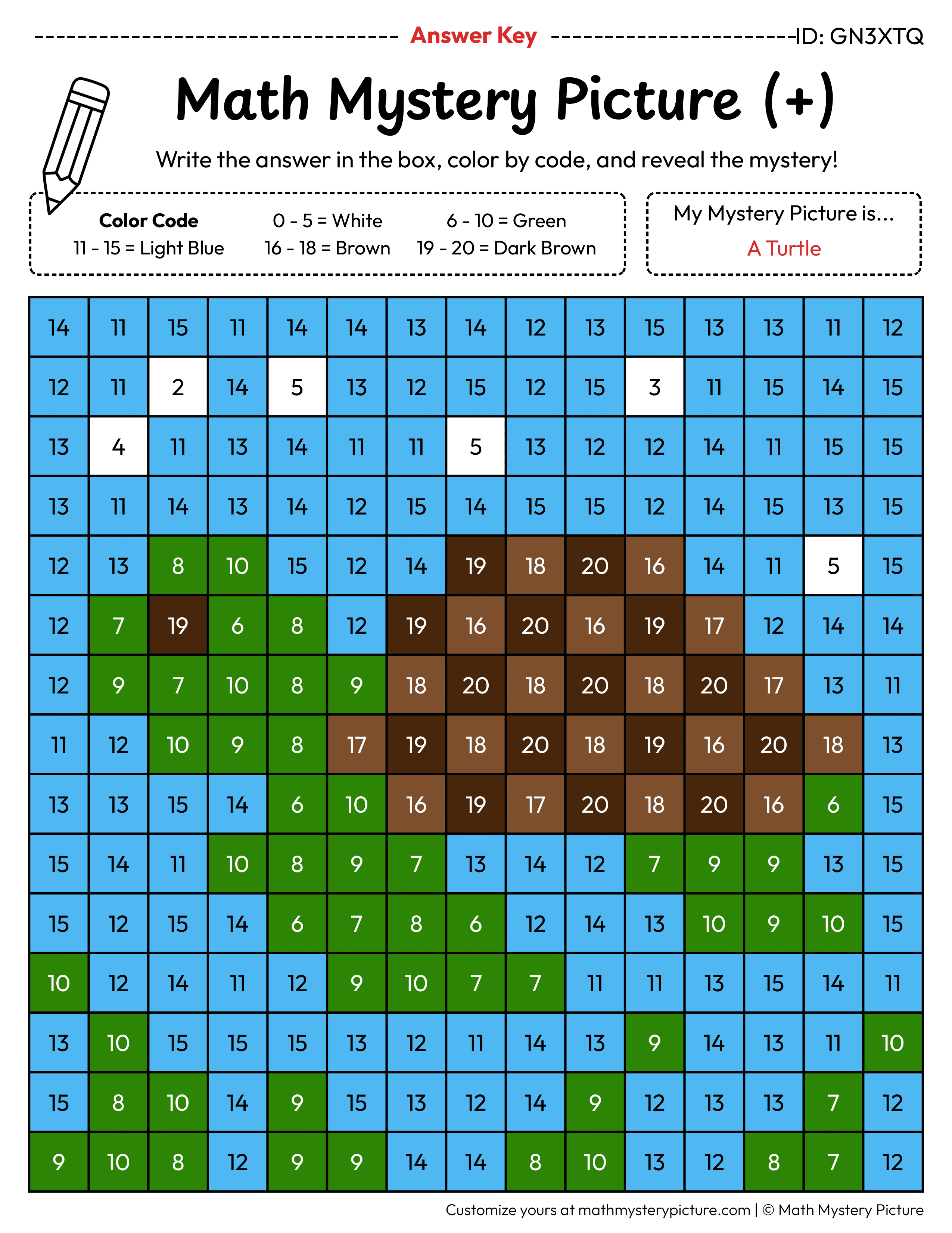 Turtle Addition Within 20 Math Mystery Picture Color by Number Answer Key