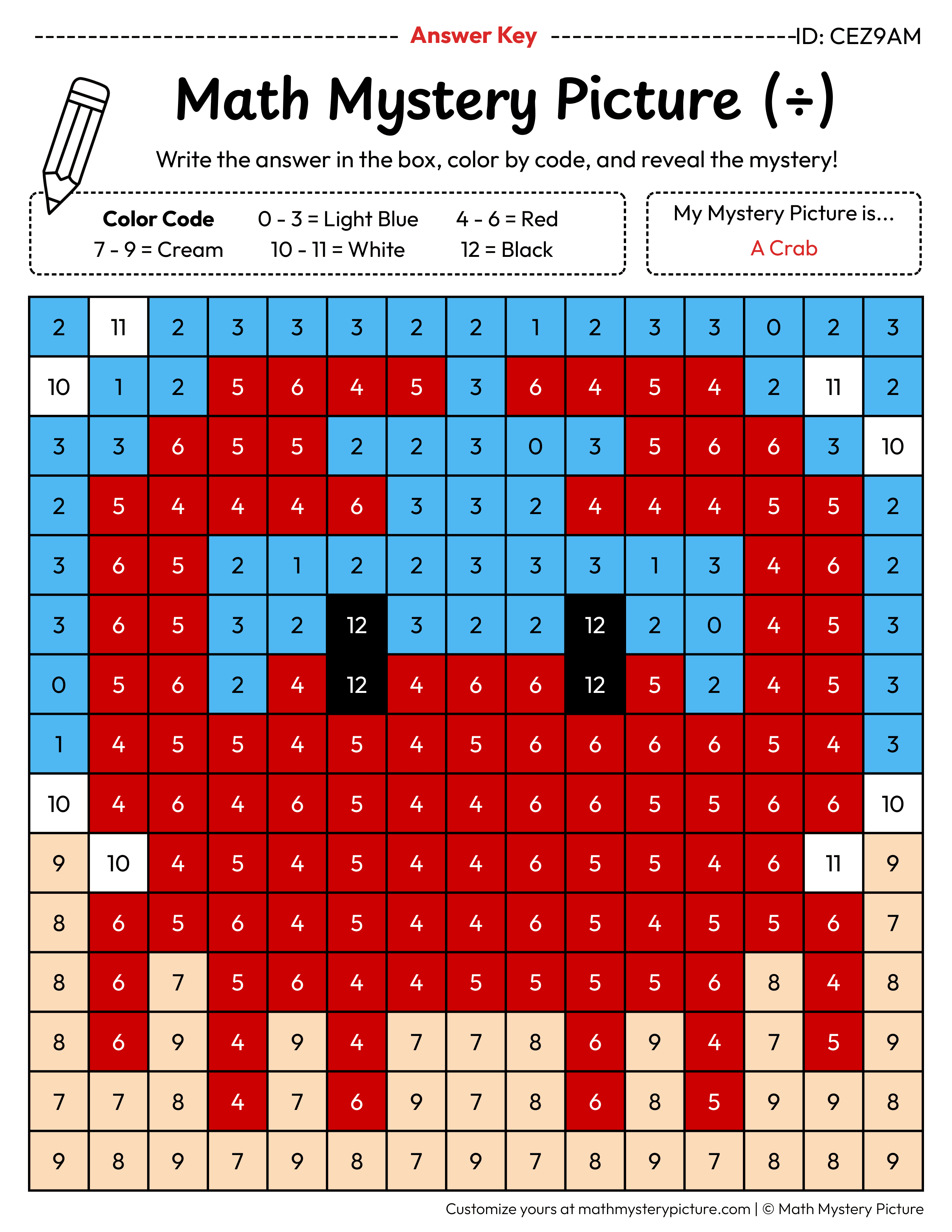 Crab Division Facts Math Mystery Picture Color by Number Answer Key